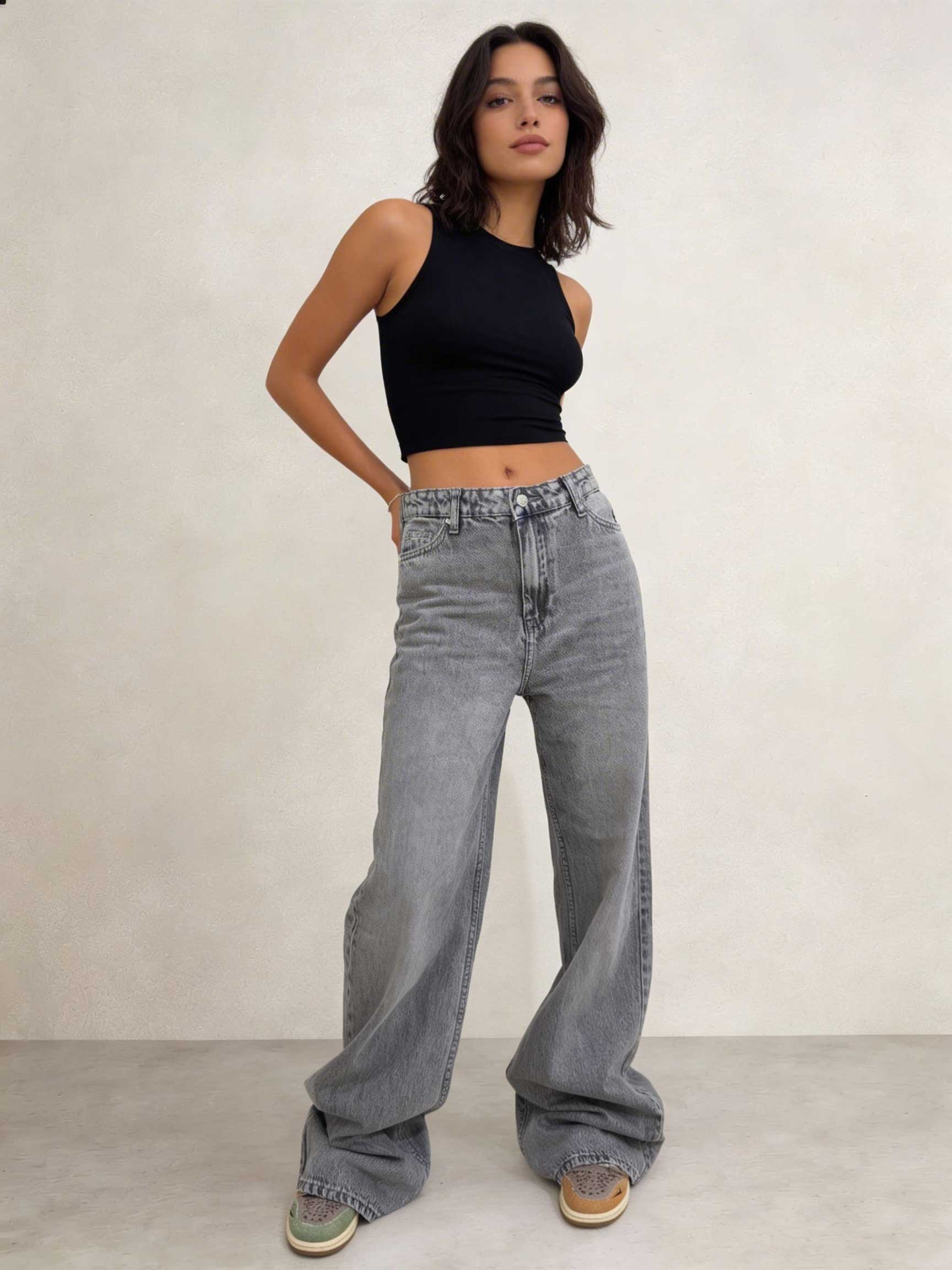 Baggy – High-Waist Flex-Waist Mid Acid Washed Grey Jeans Baggy CIZARO - Cizaro Jeans
