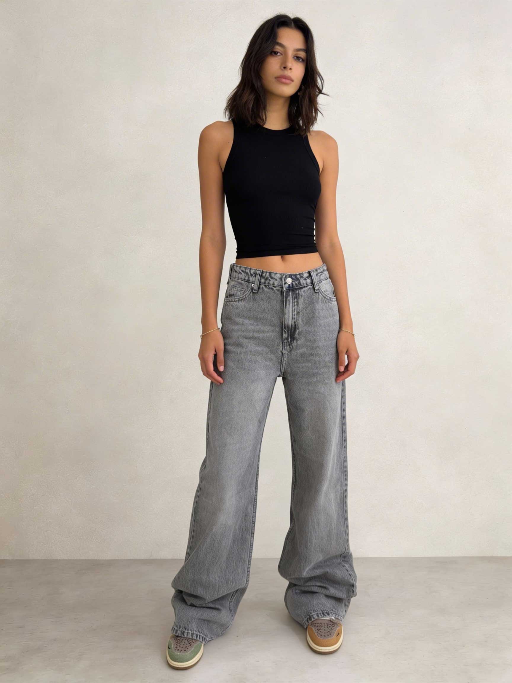 Baggy – High-Waist Flex-Waist Mid Acid Washed Grey Jeans Baggy CIZARO - Cizaro Jeans