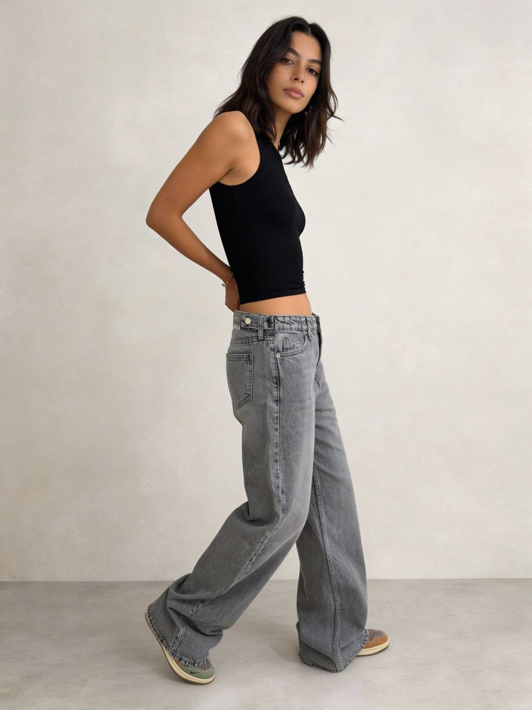 Baggy – High-Waist Flex-Waist Mid Acid Washed Grey Jeans Baggy CIZARO - Cizaro Jeans