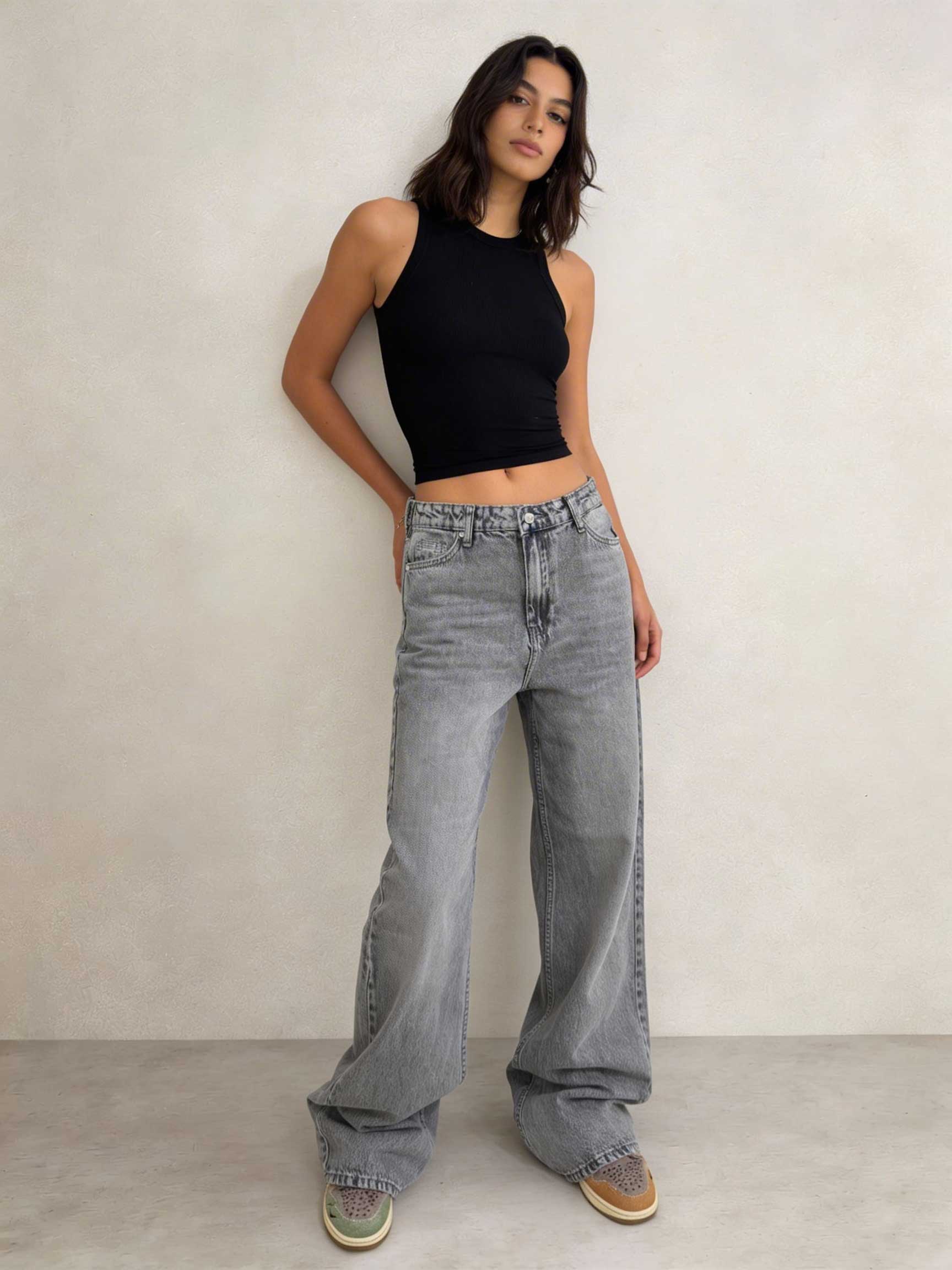 Baggy – High-Waist Flex-Waist Mid Acid Washed Grey Jeans Baggy CIZARO - Cizaro Jeans