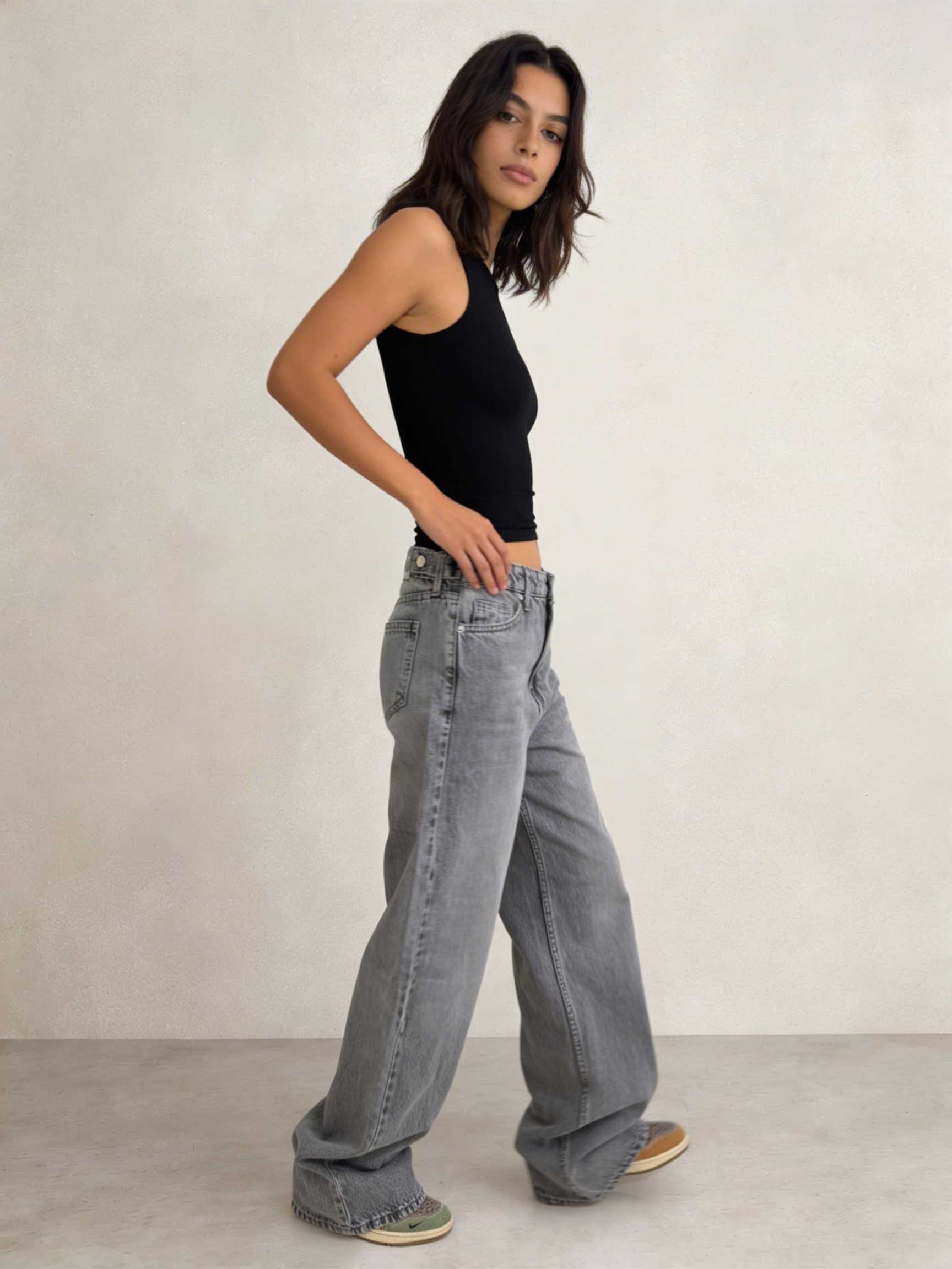 Baggy – High-Waist Flex-Waist Mid Acid Washed Grey Jeans Baggy CIZARO - Cizaro Jeans