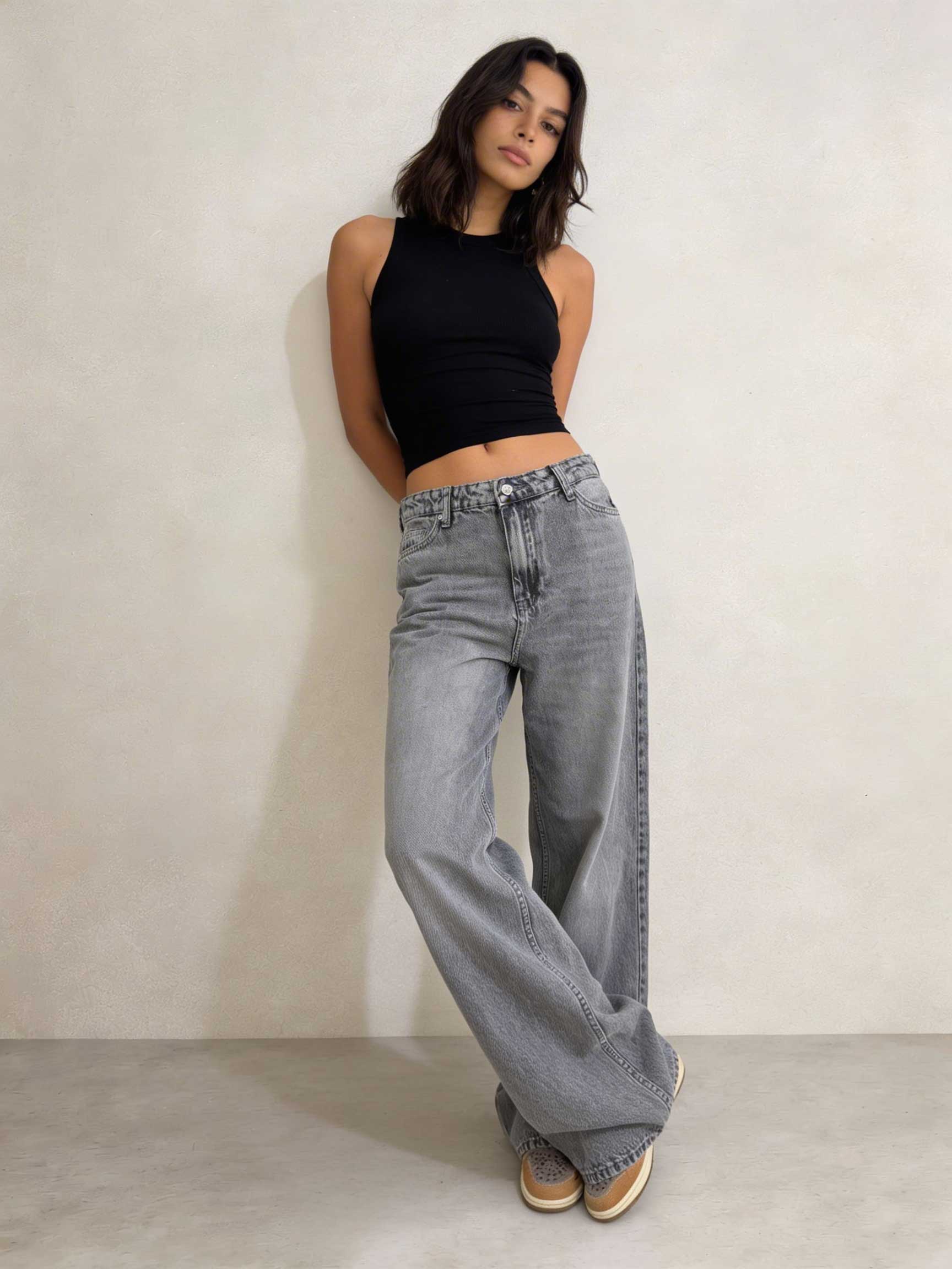 Baggy – High-Waist Flex-Waist Mid Acid Washed Grey Jeans Baggy CIZARO - Cizaro Jeans