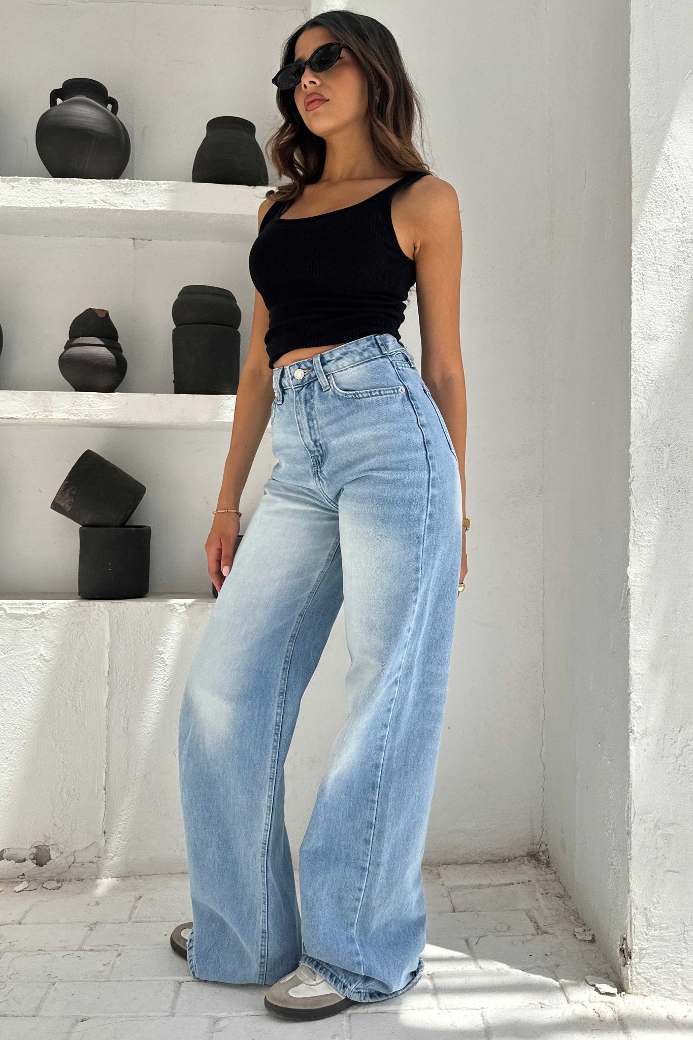Flex Waist | Baggy - High-Waist Iced Acid Washed Azure Jeans Baggy - Flex Waist CIZARO - Cizaro Jeans