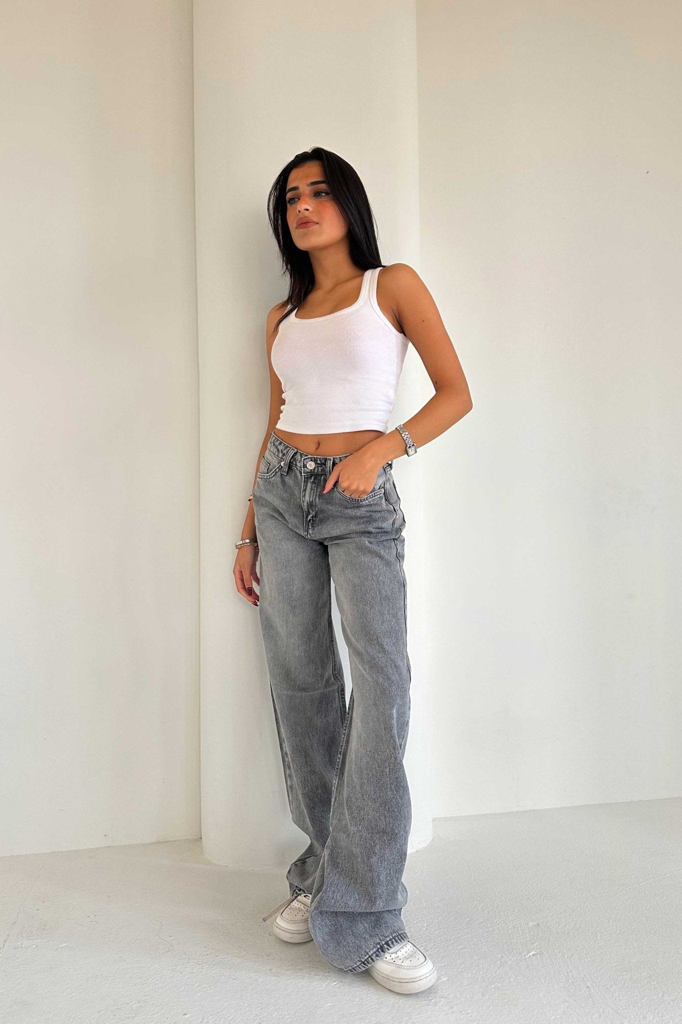 Baggy – Mid Rise Flex Waist Mid Grey Washed Jeans Baggy CIZARO - Cizaro Jeans