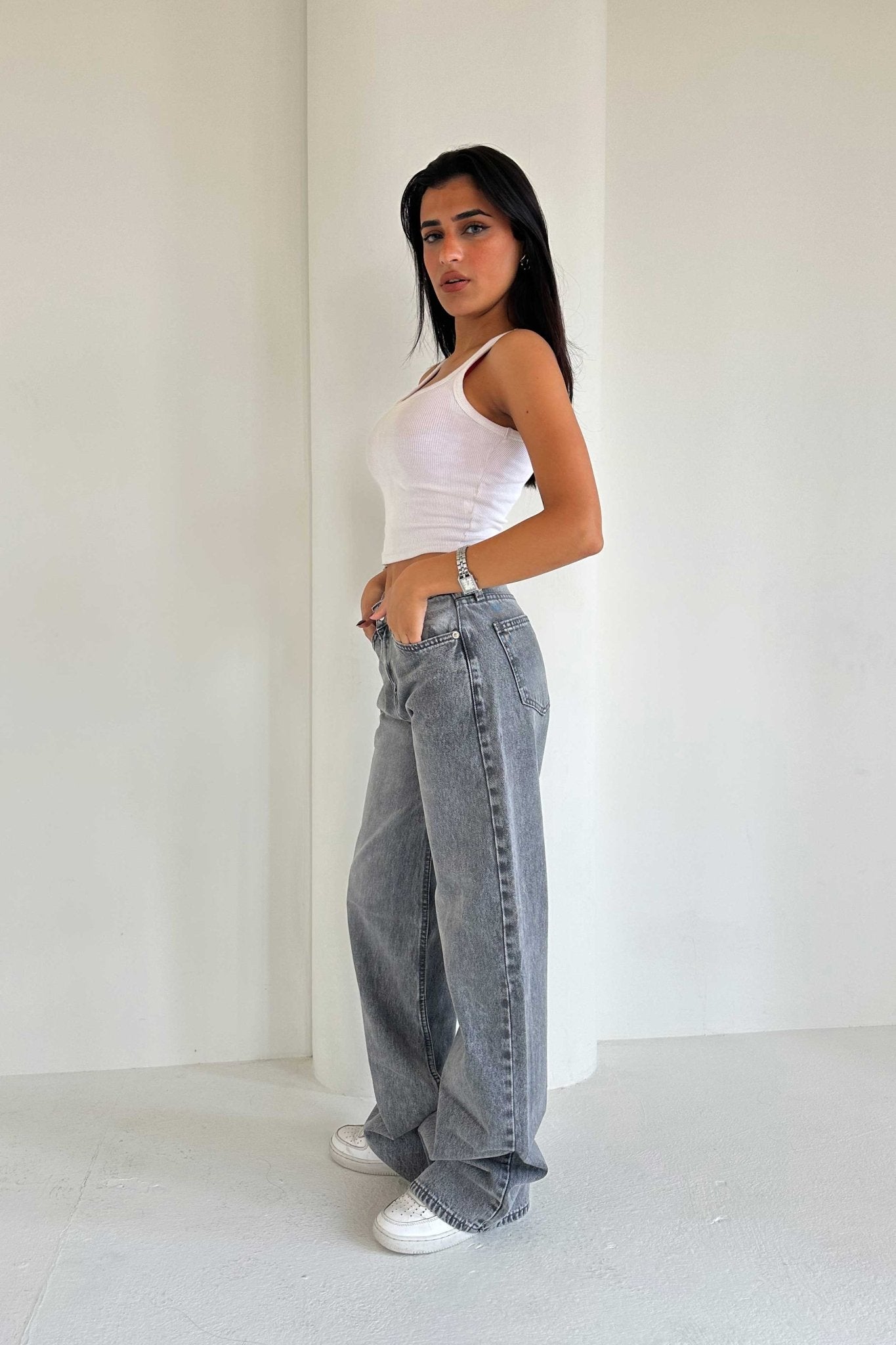 Baggy – Mid Rise Flex Waist Mid Grey Washed Jeans Baggy CIZARO - Cizaro Jeans