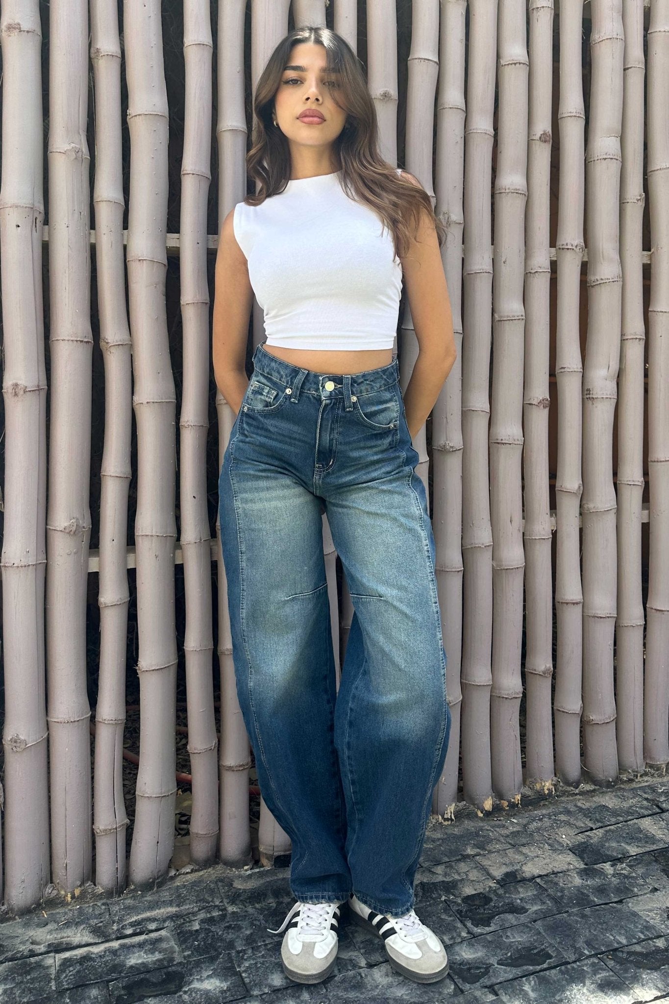 Flex Waist | Skater - High-Waist Vintage Ocean Blue Washed Barrel Jeans Skater CIZARO - Cizaro Jeans