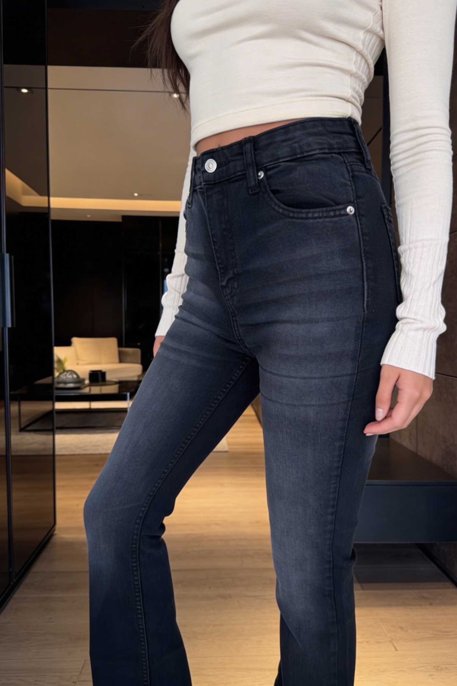 Flare – High-Waist Washed Black Jeans