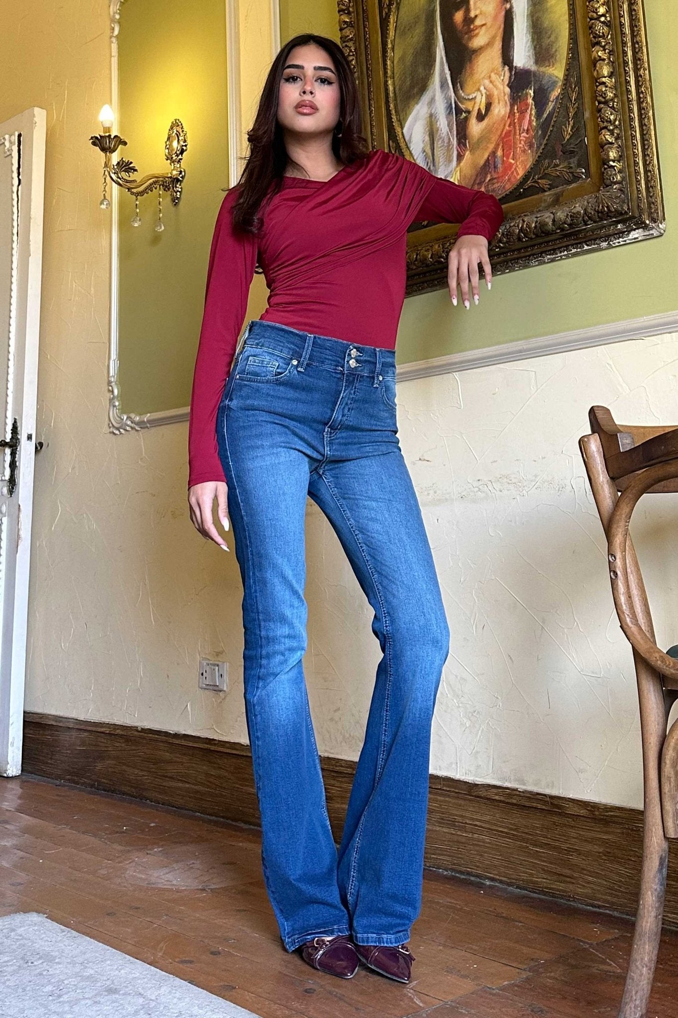 Flare - High-Waist Double Button Medium Blue Jeans Flare CIZARO - Cizaro Jeans