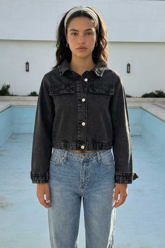 Denim Edge Cropped Jacket | Washed Black Jacket CIZARO - Cizaro Jeans