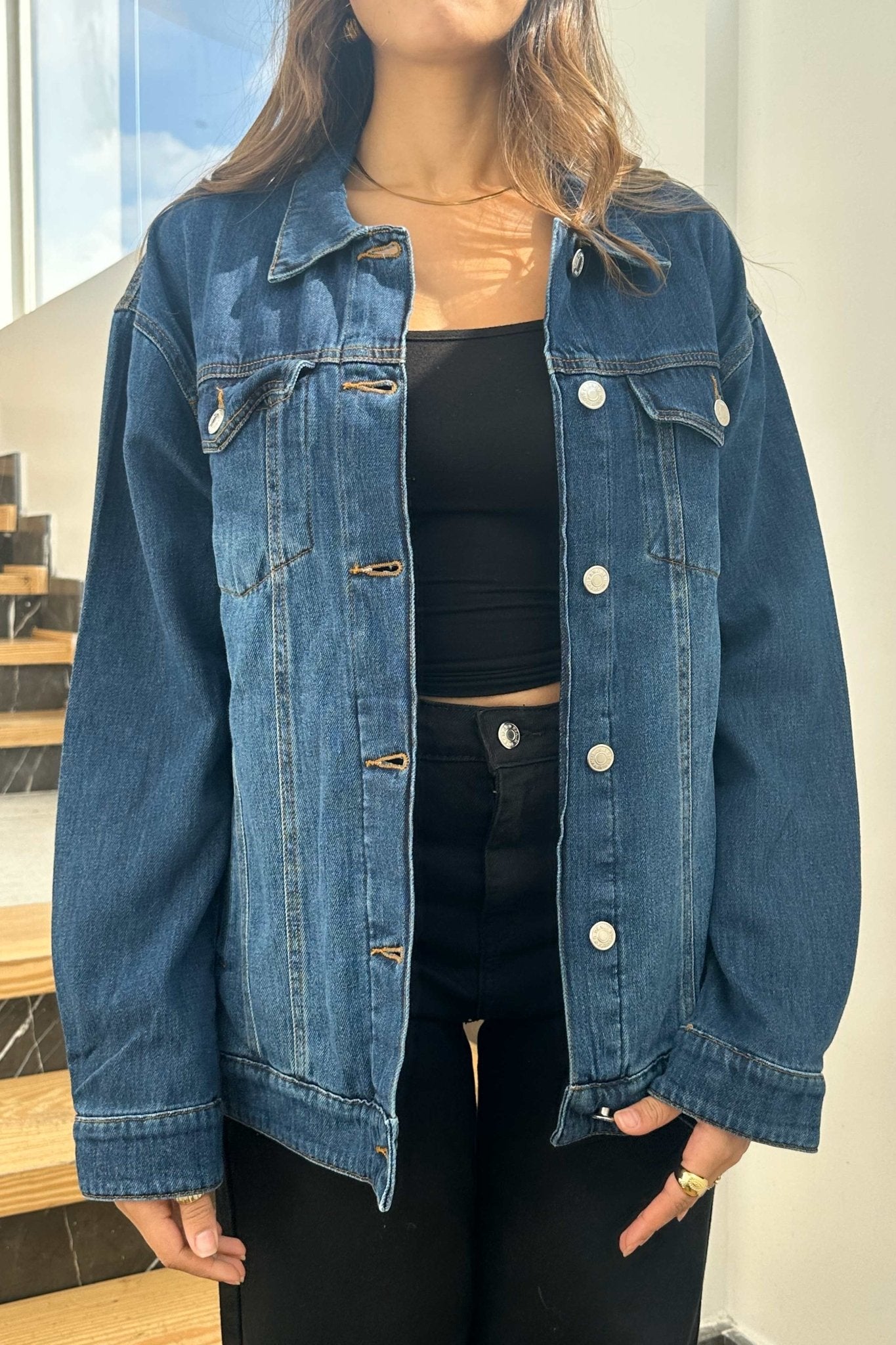 Oversized Denim Jacket - Dark Blue Wash Straight Fit. Denim Jacket CIZARO - Cizaro Jeans