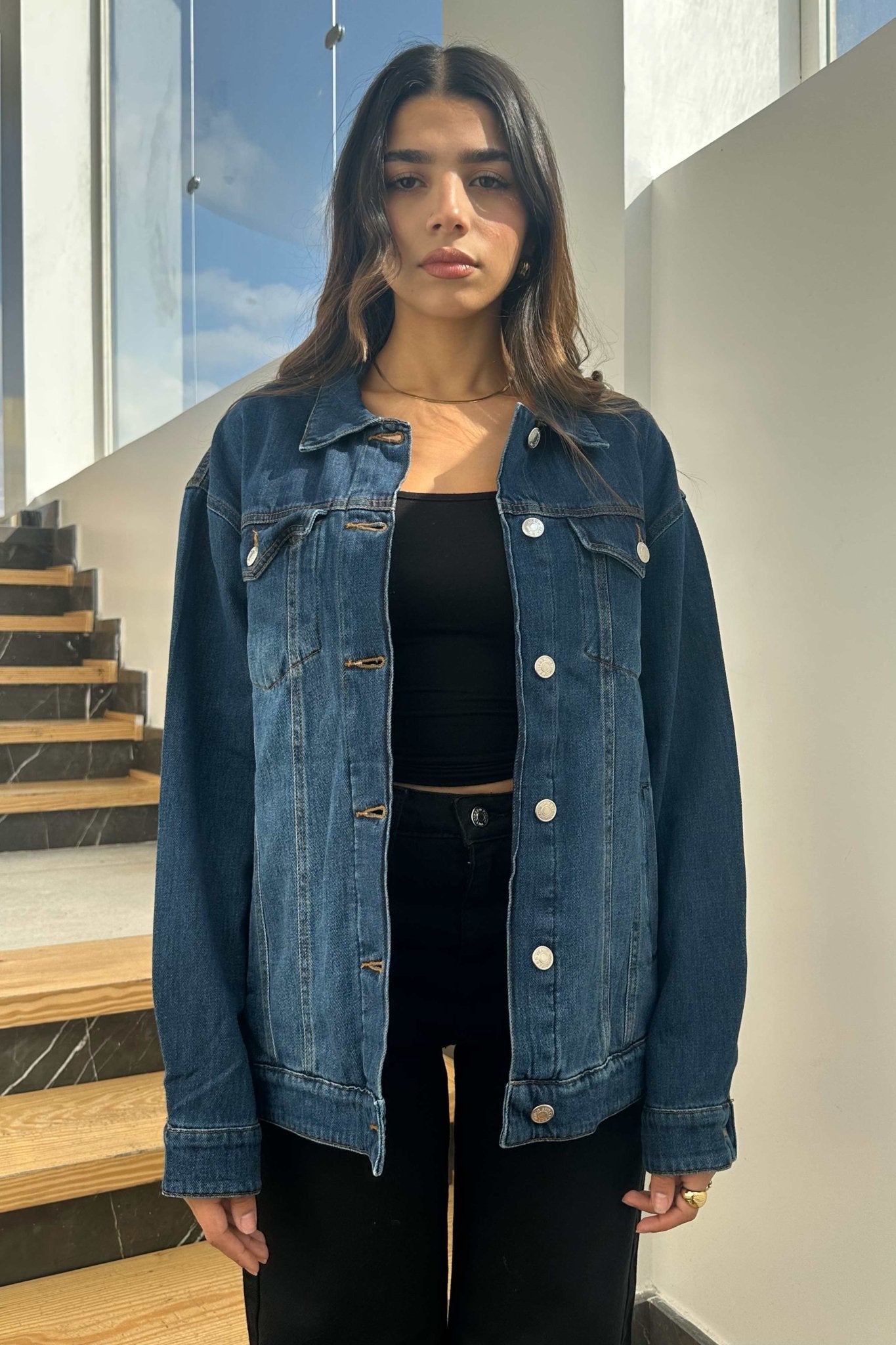 Oversized Denim Jacket - Dark Blue Wash Straight Fit. Denim Jacket CIZARO - Cizaro Jeans