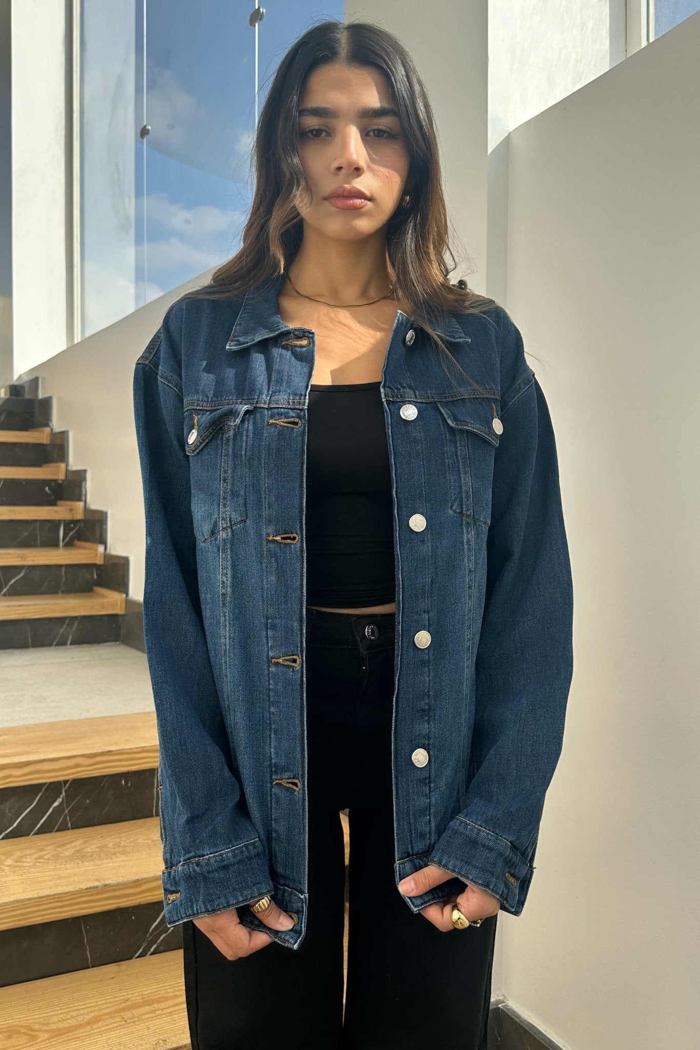 Oversized Denim Jacket - Dark Blue Wash Straight Fit. Denim Jacket CIZARO - Cizaro Jeans