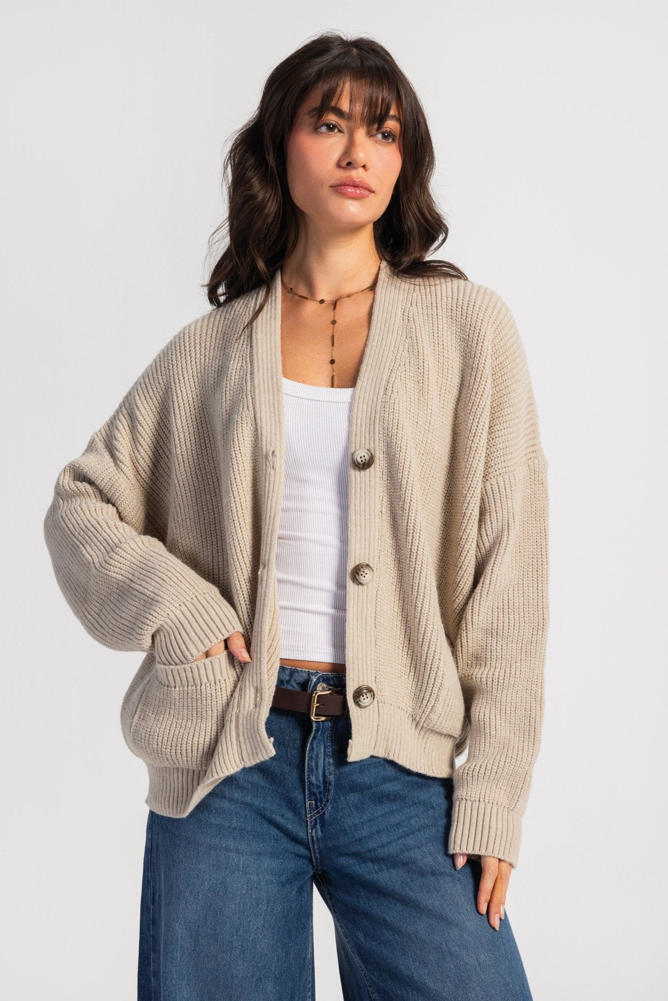 Knit Cardigan – Chunky Relaxed Beige Cardigan CIZARO - Cizaro Jeans
