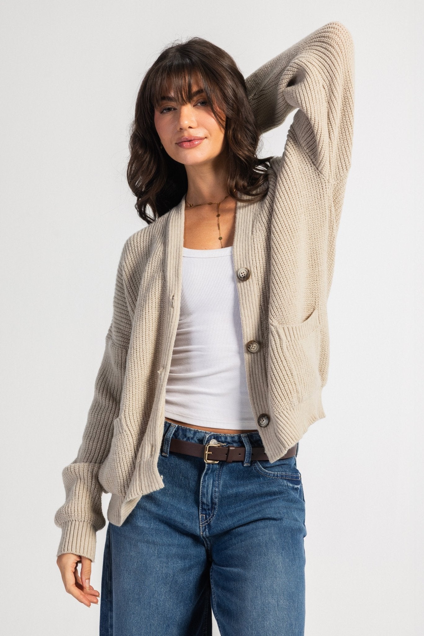 Knit Cardigan – Chunky Relaxed Beige Cardigan CIZARO - Cizaro Jeans
