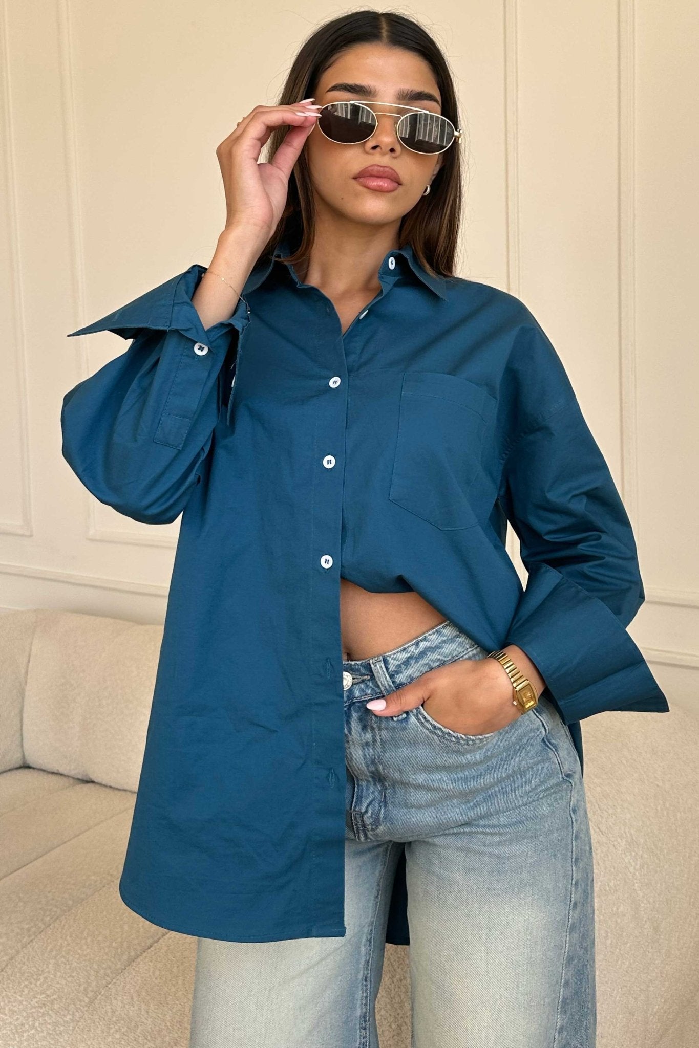 Oversized - Deep Teal Button-Down Shirt Shirt CIZNEW - Cizaro Jeans