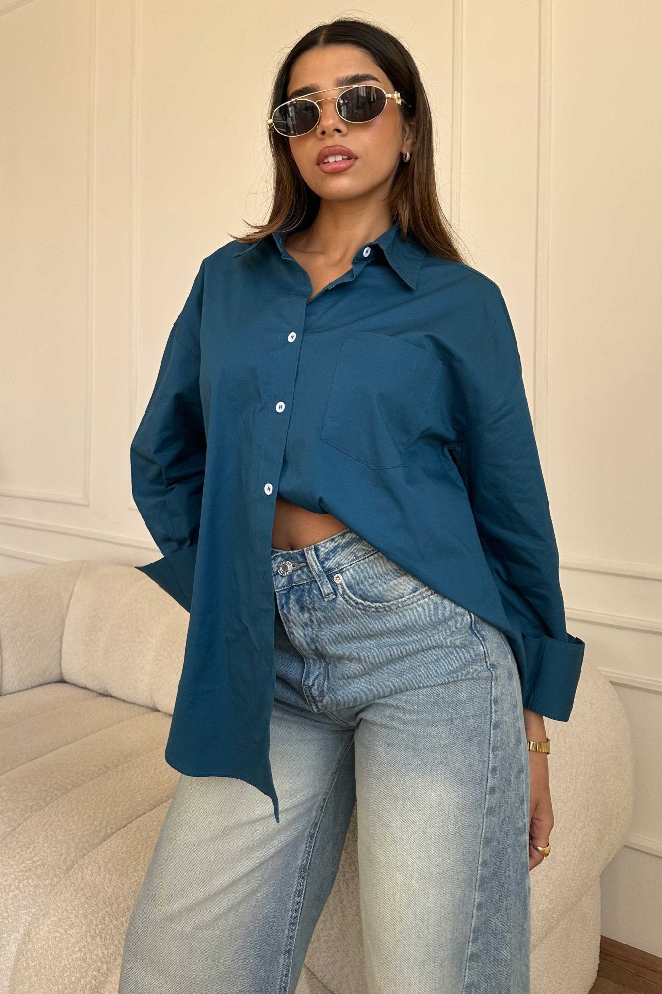 Oversized - Deep Teal Button-Down Shirt Shirt CIZNEW - Cizaro Jeans