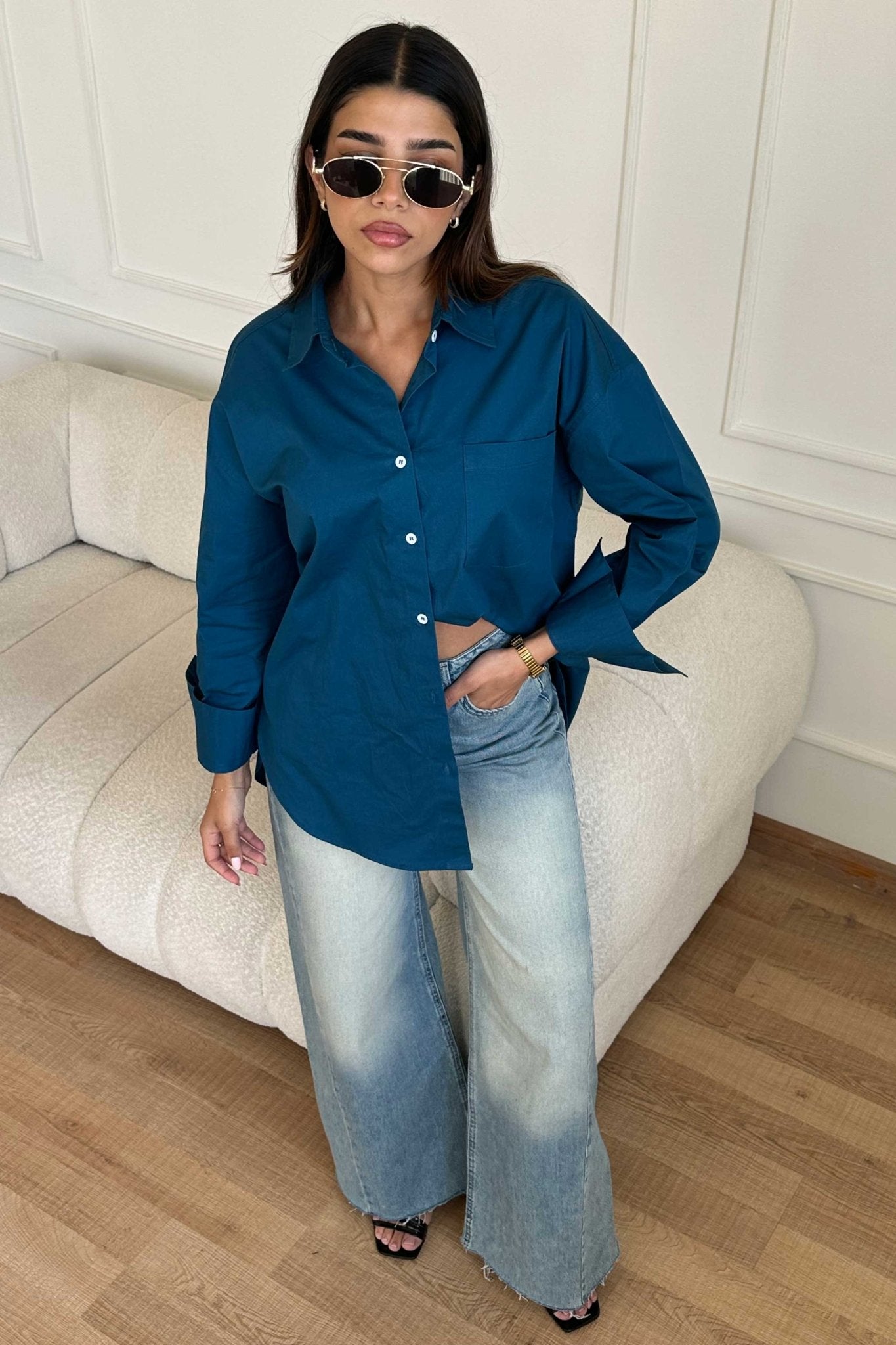 Oversized - Deep Teal Button-Down Shirt Shirt CIZNEW - Cizaro Jeans