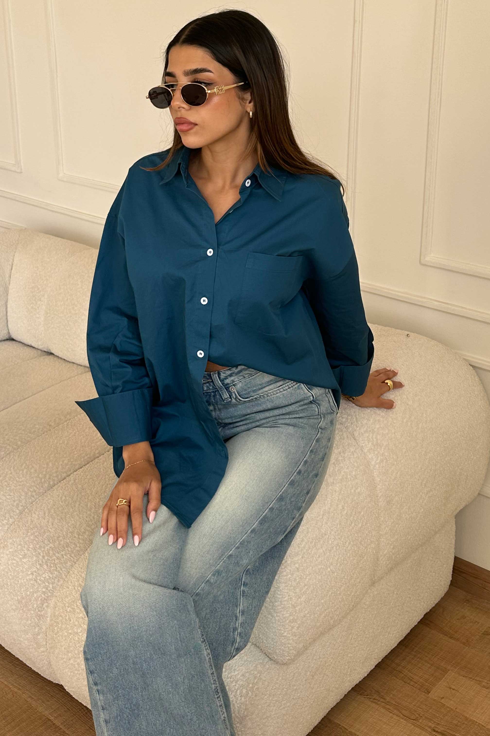 Oversized - Deep Teal Button-Down Shirt Shirt CIZNEW - Cizaro Jeans