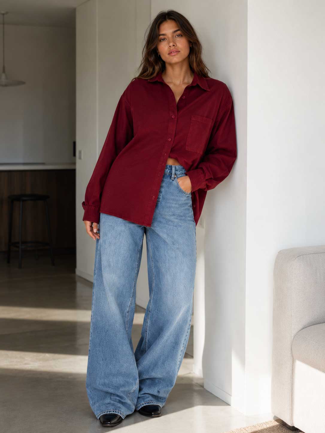 Burgundy Oversized Shirt – Linen Effect linen shirt CIZARO - Cizaro Jeans