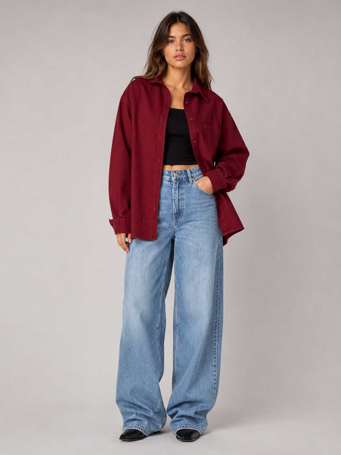 Burgundy Oversized Shirt – Linen Effect linen shirt CIZARO - Cizaro Jeans