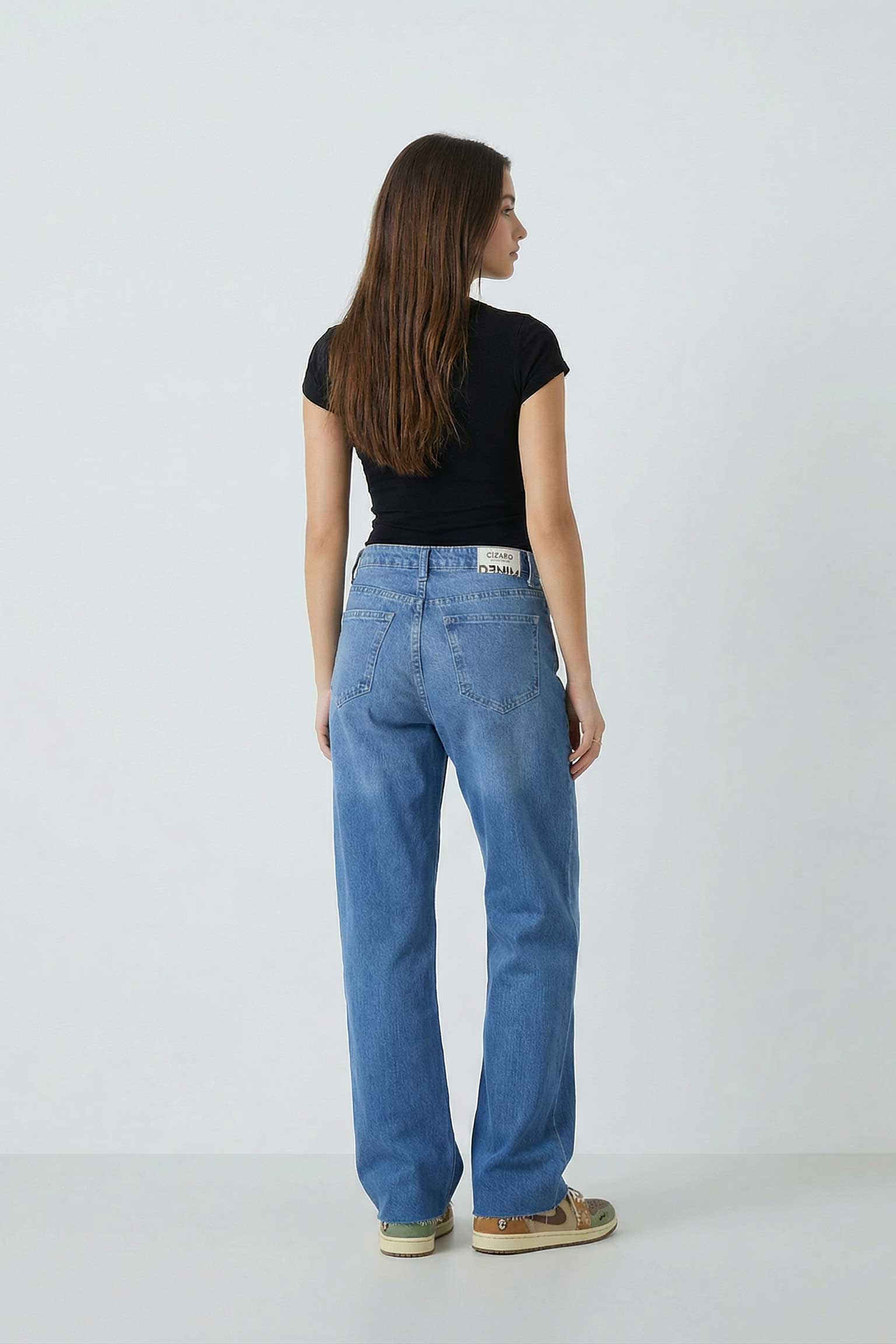 Straight – Mid-Waist Ocean Blue Raw Hem Jeans Straight CIZARO - Cizaro Jeans