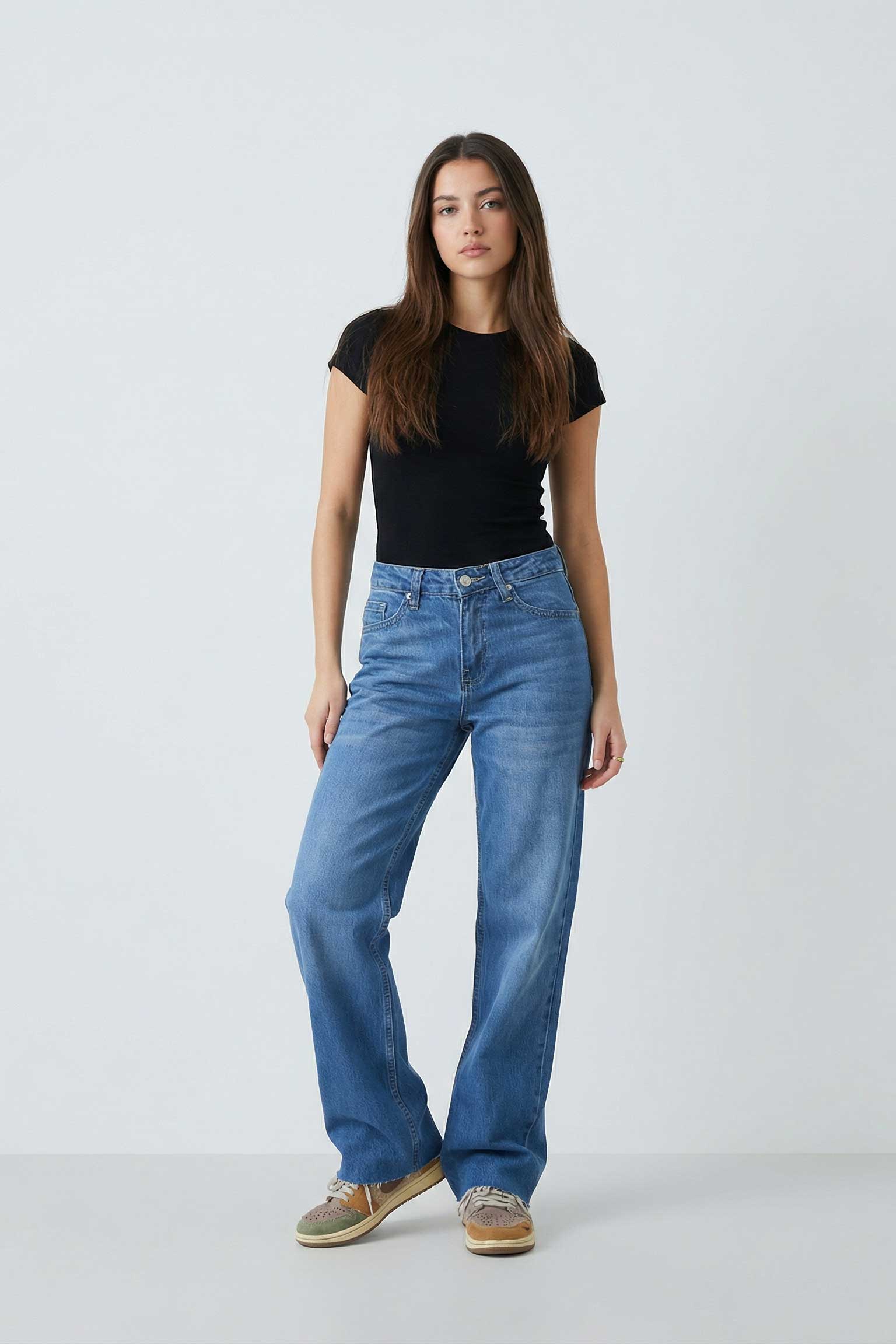 Straight – Mid-Waist Ocean Blue Raw Hem Jeans Straight CIZARO - Cizaro Jeans