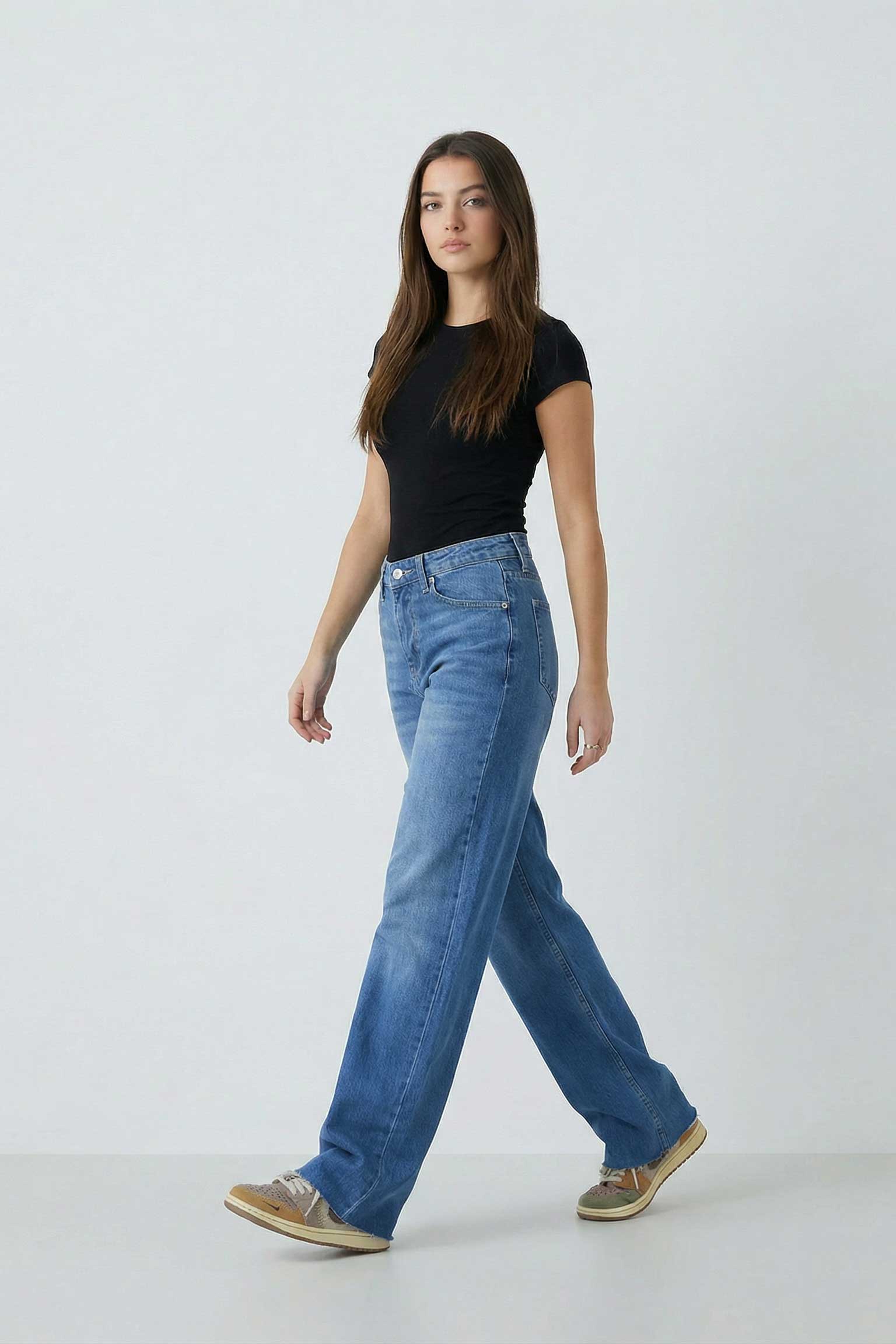 Straight – Mid-Waist Ocean Blue Raw Hem Jeans Straight CIZARO - Cizaro Jeans