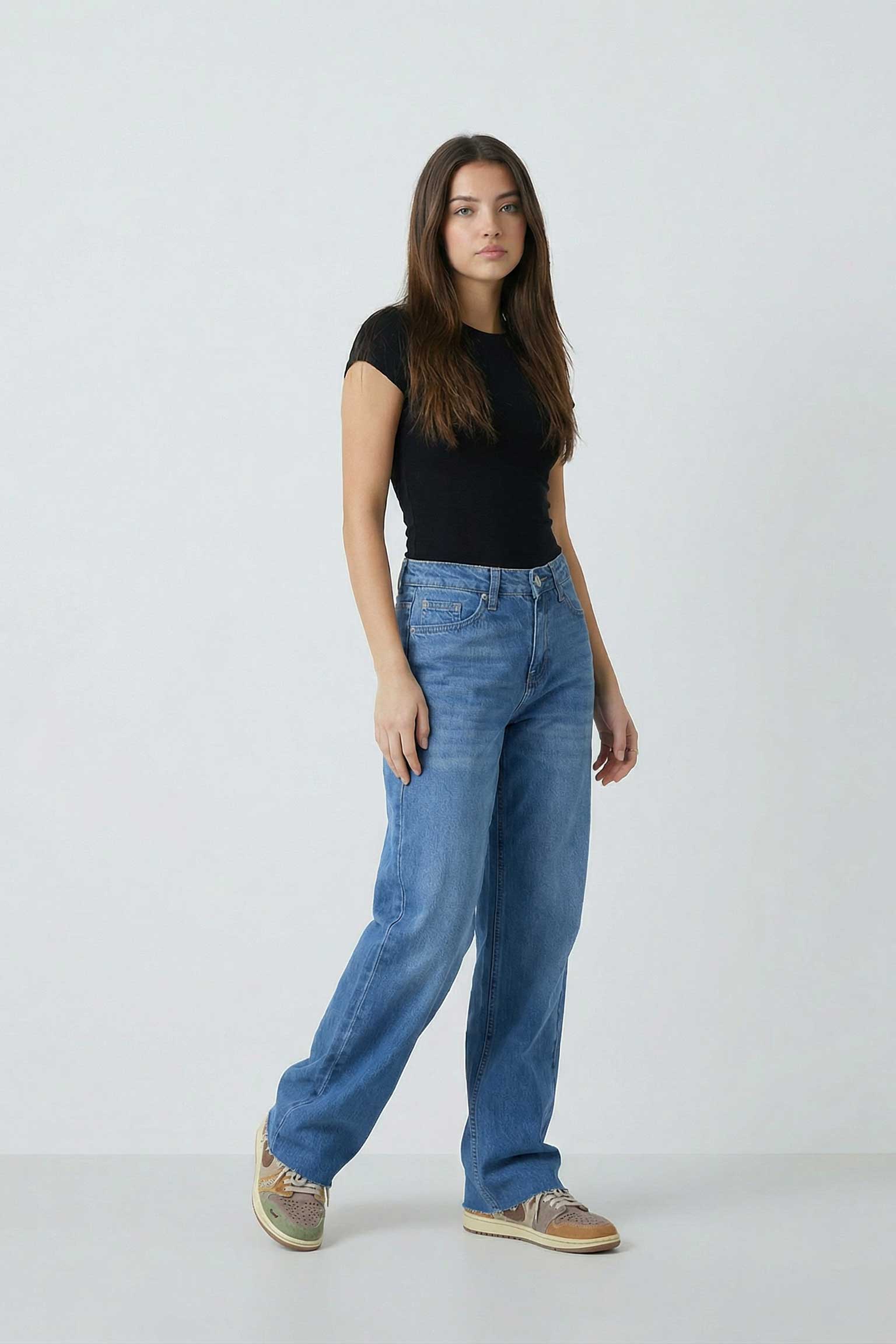 Straight – Mid-Waist Ocean Blue Raw Hem Jeans Straight CIZARO - Cizaro Jeans