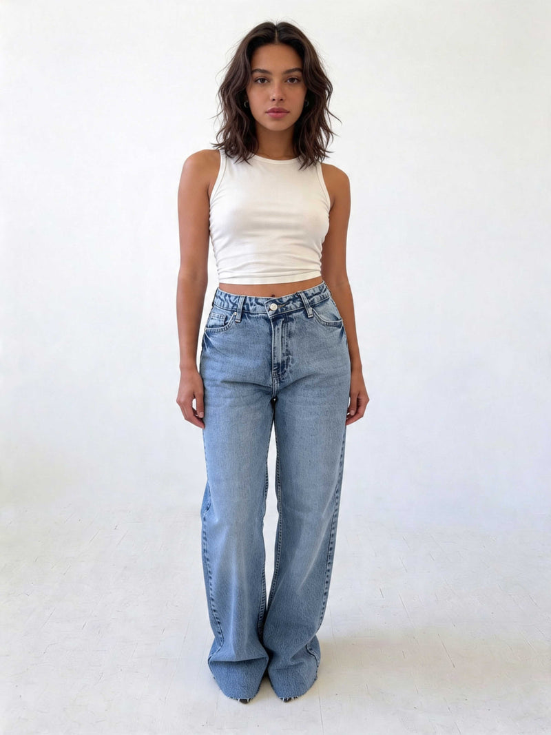 Ultra Comfort Straight – Raw Hem High-Waist Mid Acid Blue Jeans straight CIZARO - Cizaro Jeans