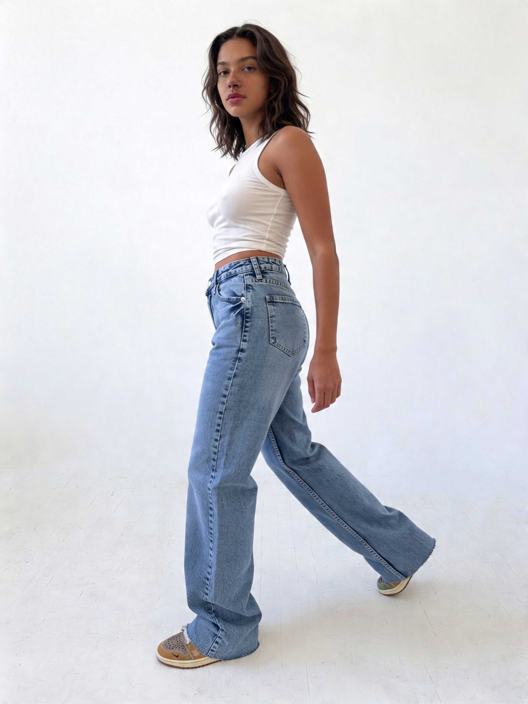 Ultra Comfort Straight – Raw Hem High-Waist Mid Acid Blue Jeans straight CIZARO - Cizaro Jeans