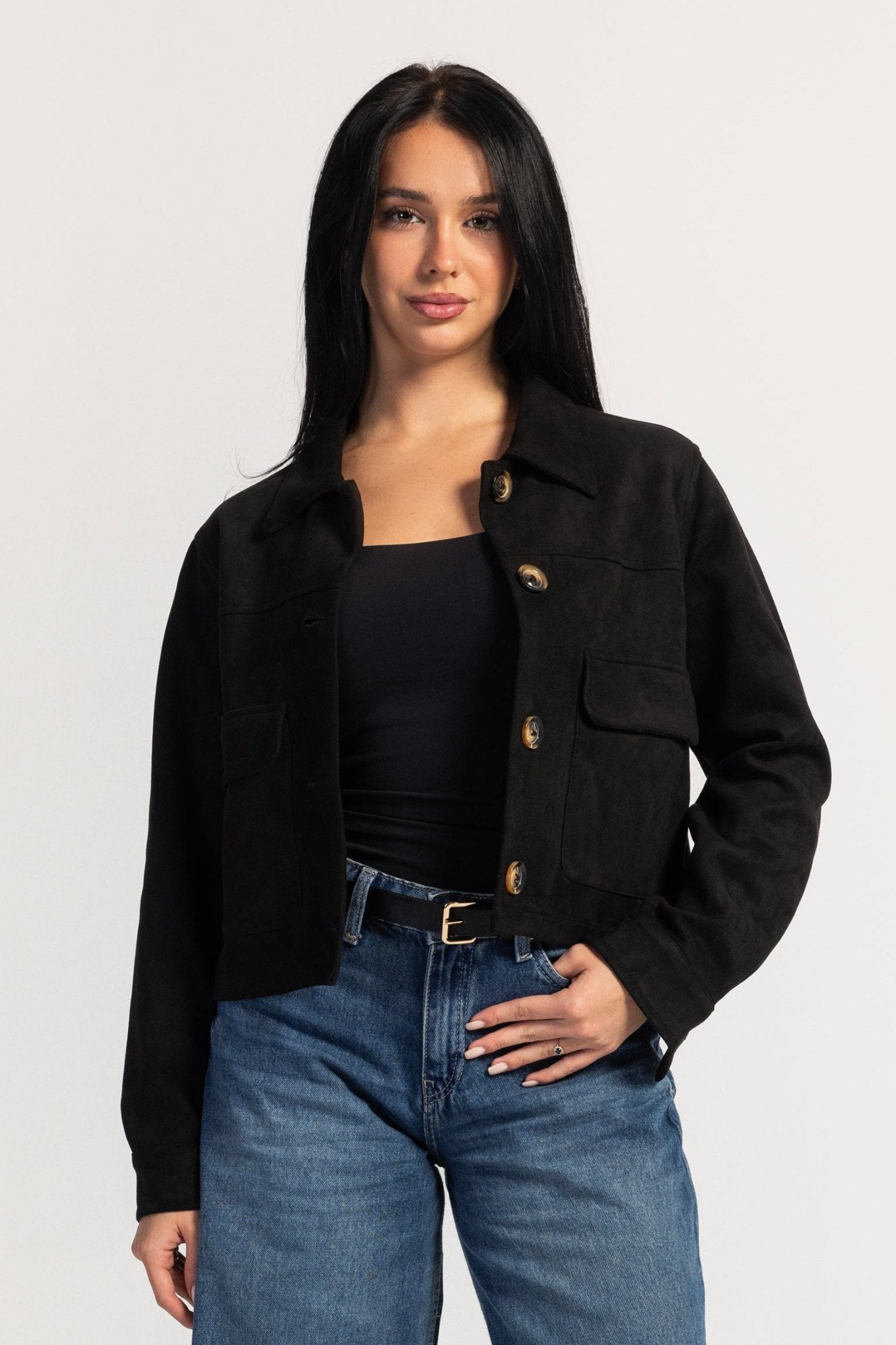Cropped Suede Jacket – Black Jacket CIZARO - Cizaro Jeans