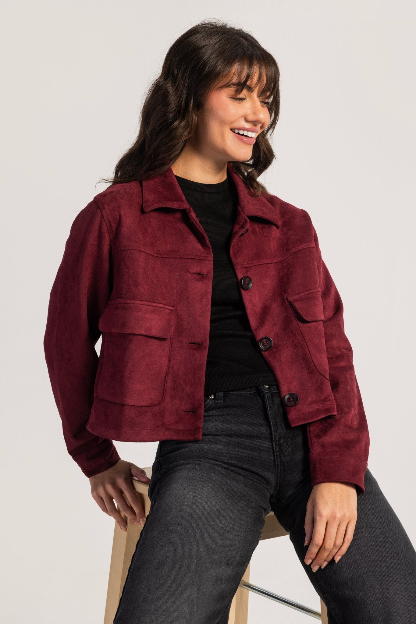 Cropped Suede Jacket – Burgundy Jacket CIZARO - Cizaro Jeans