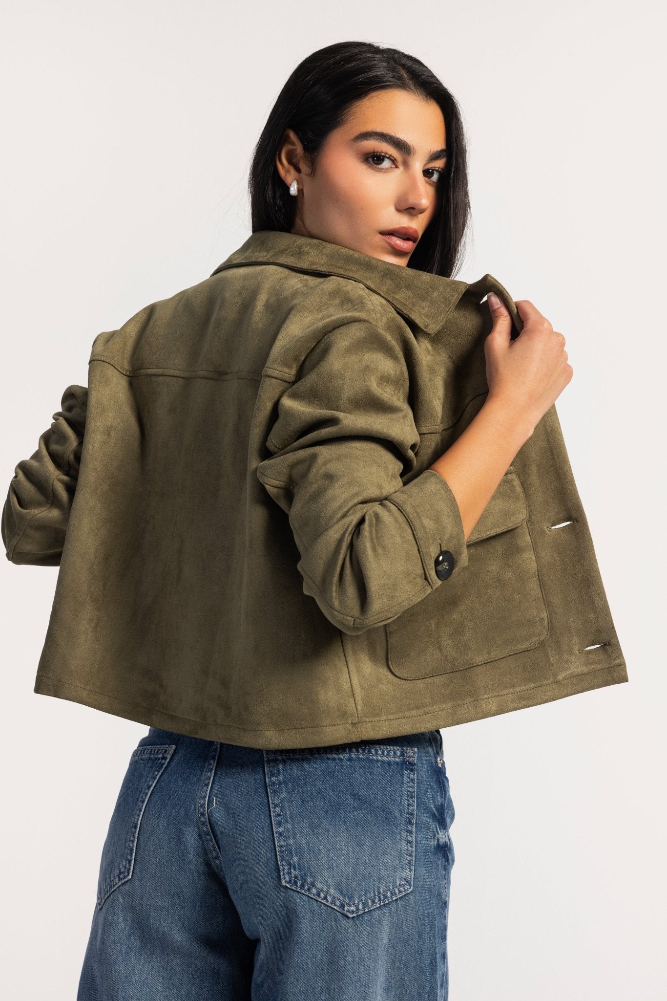 Cropped Suede Jacket – Olive Jacket CIZARO - Cizaro Jeans
