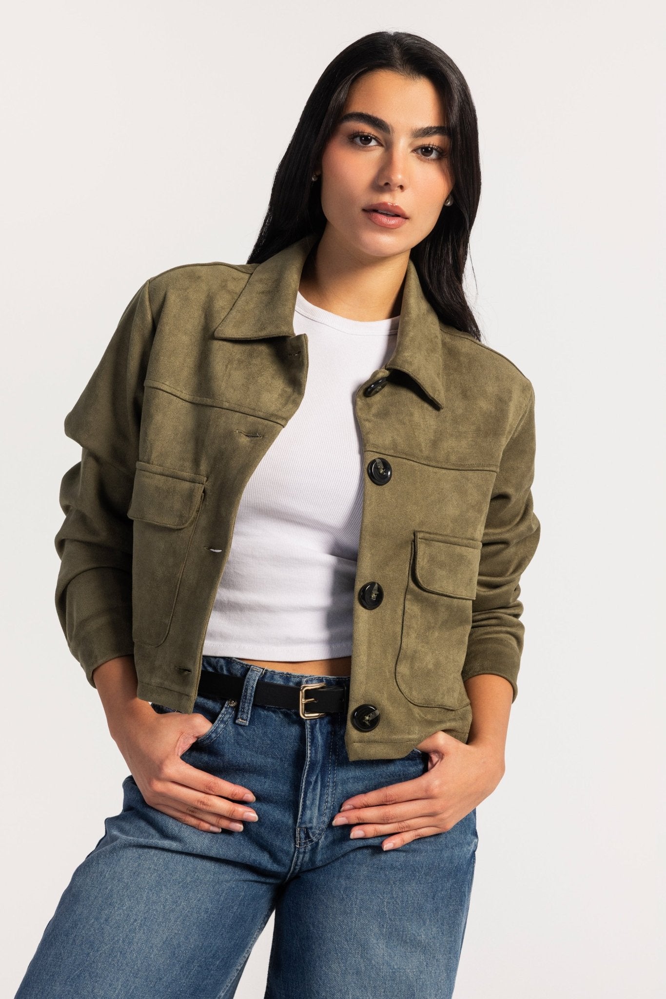 Cropped Suede Jacket – Olive Jacket CIZARO - Cizaro Jeans