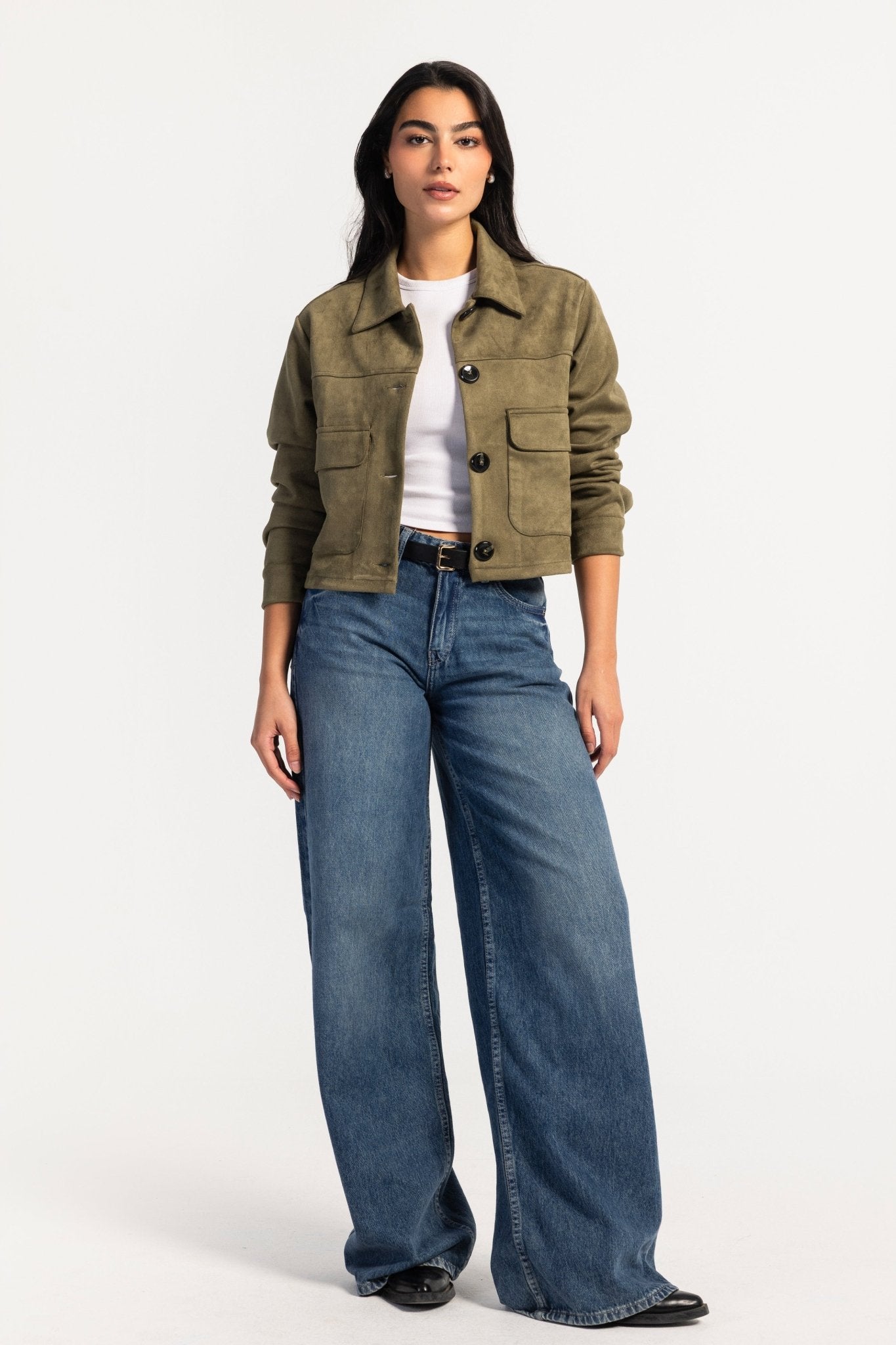 Cropped Suede Jacket – Olive Jacket CIZARO - Cizaro Jeans