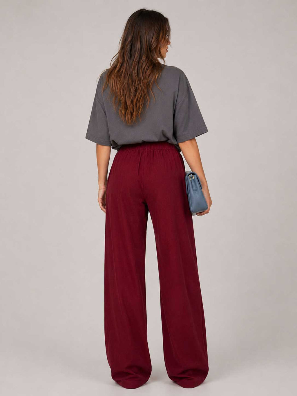 Burgundy Red Wide-Leg Trousers – Linen Effect linen pants CIZARO - Cizaro Jeans
