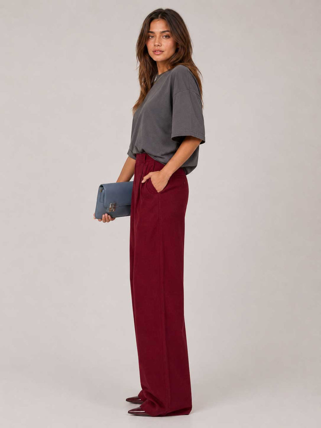 Burgundy Red Wide-Leg Trousers – Linen Effect linen pants CIZARO - Cizaro Jeans