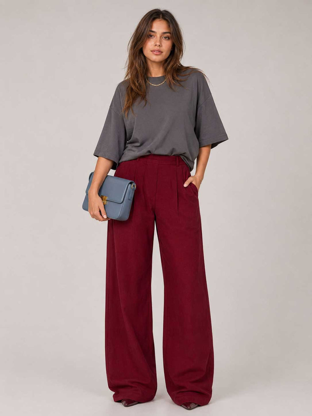 Burgundy Red Wide-Leg Trousers – Linen Effect linen pants CIZARO - Cizaro Jeans