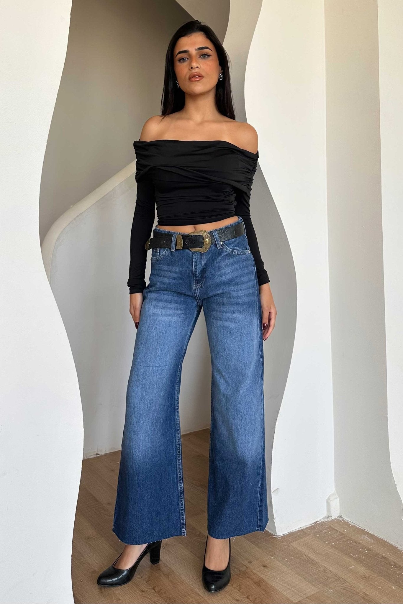 Cropped Wide Leg – Mid Rise Ocean Blue Jeans Wide-Leg CIZARO - Cizaro Jeans