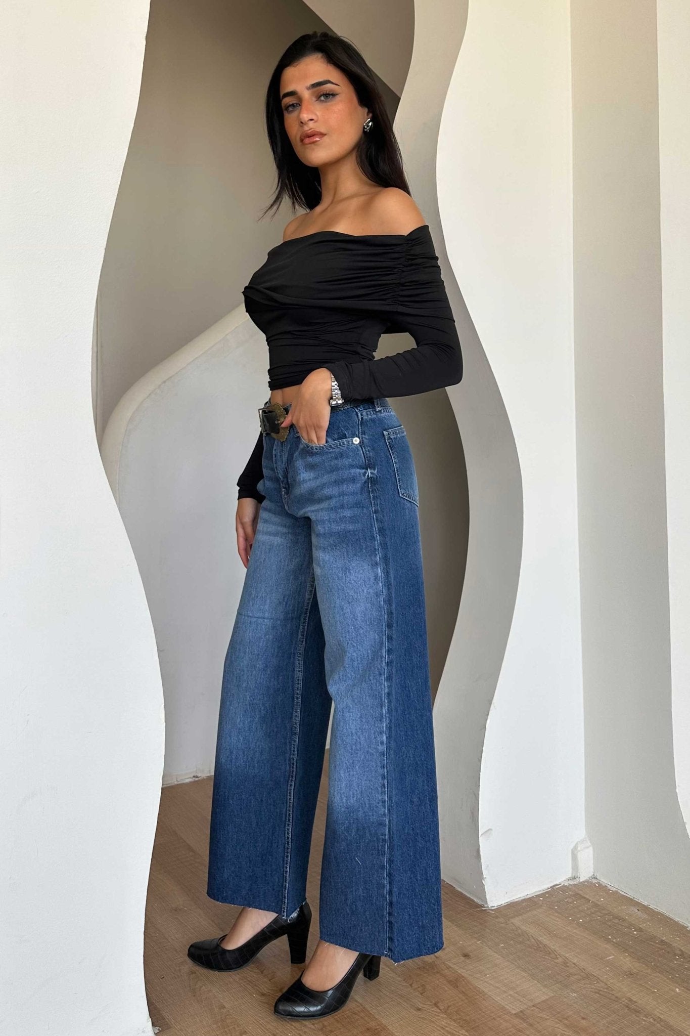 Cropped Wide Leg – Mid Rise Ocean Blue Jeans Wide-Leg CIZARO - Cizaro Jeans