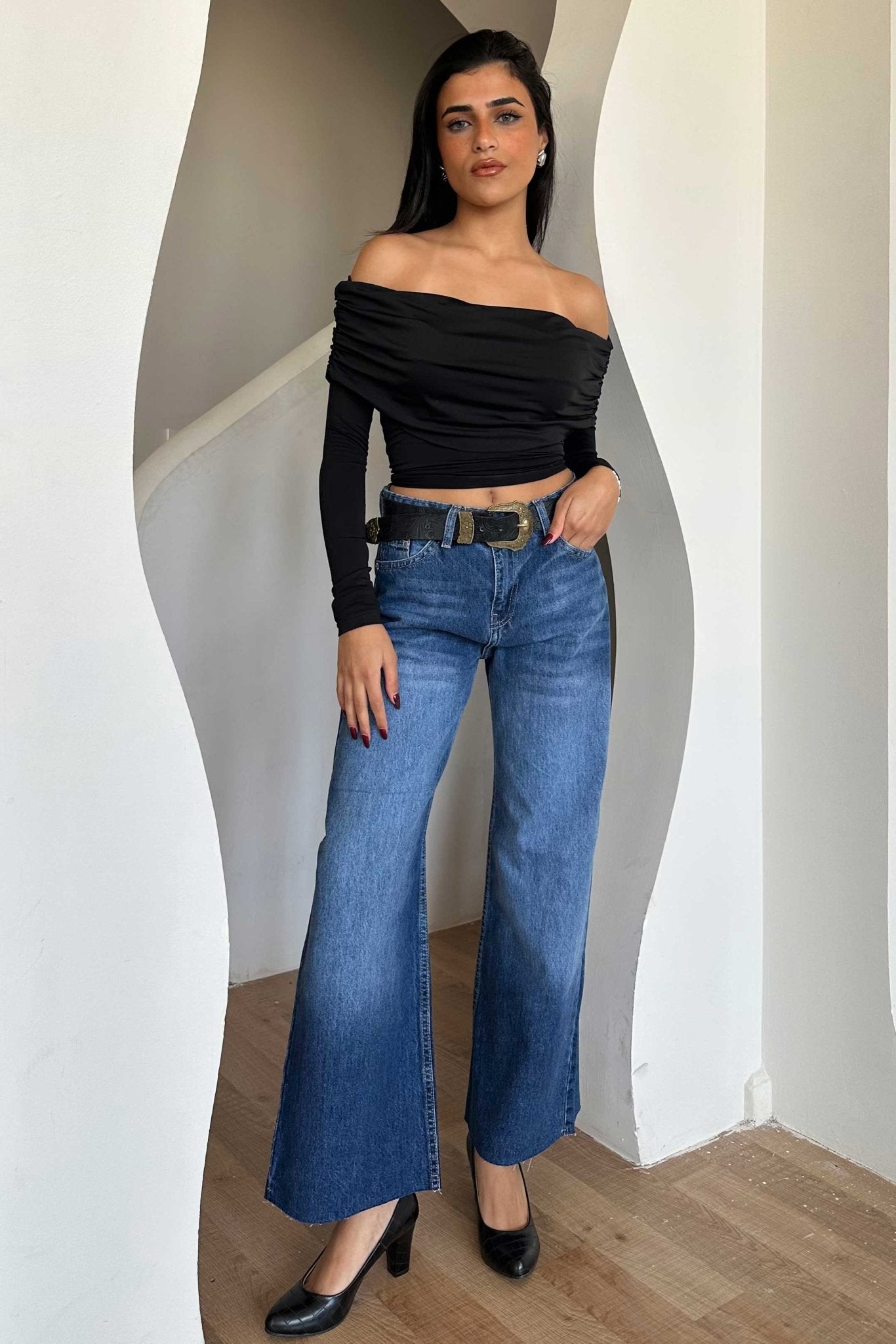 Cropped Wide Leg – Mid Rise Ocean Blue Jeans Wide-Leg CIZARO - Cizaro Jeans