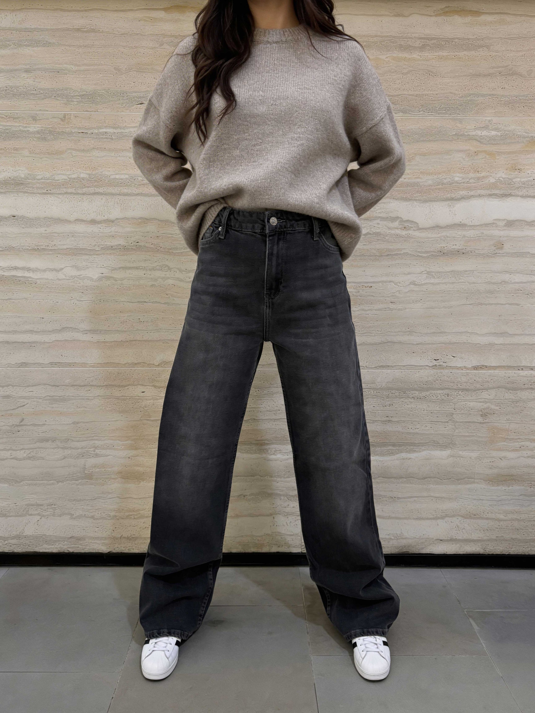Wide-Leg – High-Waist Washed Black Jeans Wide-Leg CIZARO - Cizaro Jeans