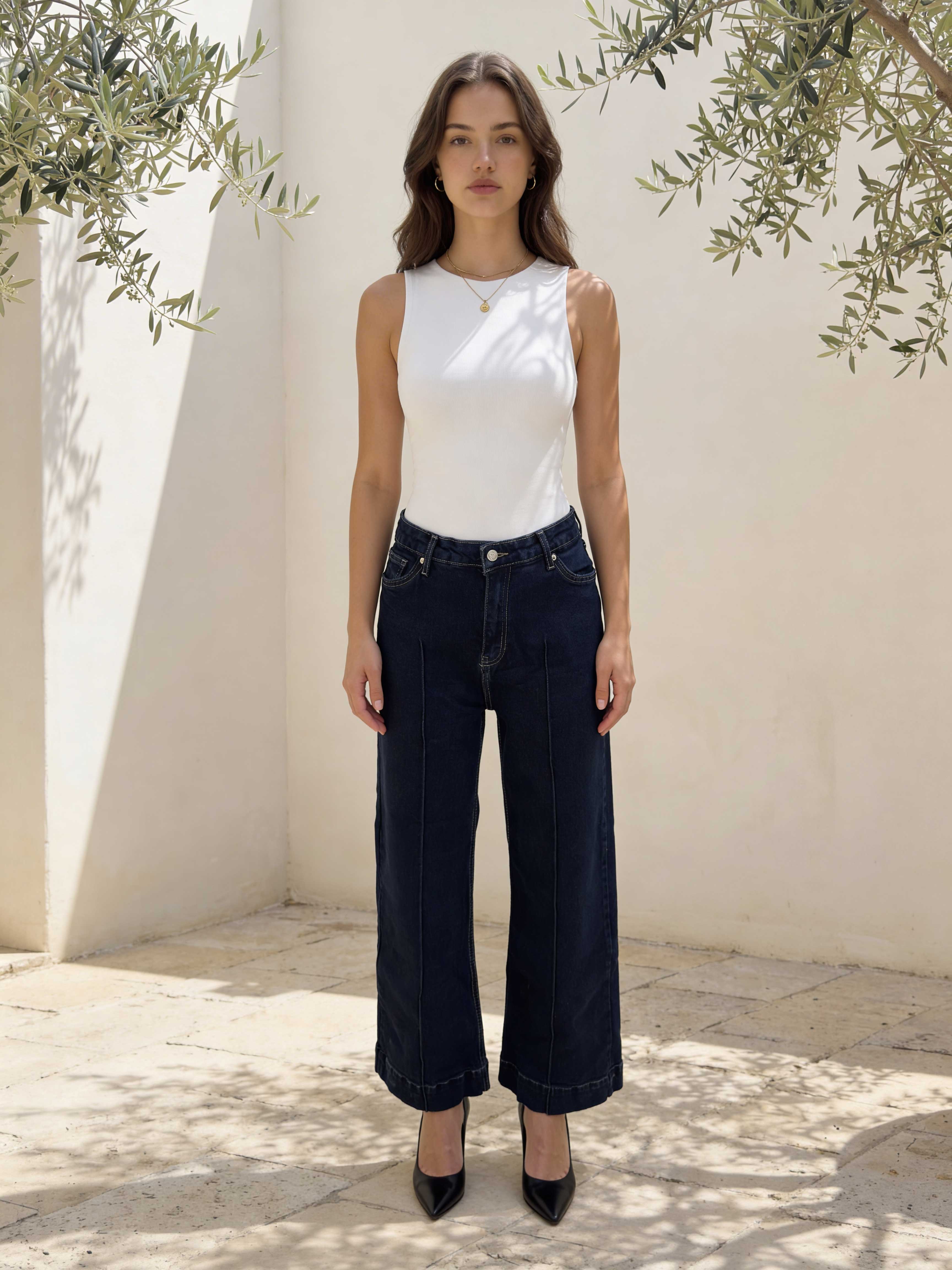 Cropped Wide-Leg High-Waist Deep Denim Jeans Wide Leg CIZARO - Cizaro Jeans