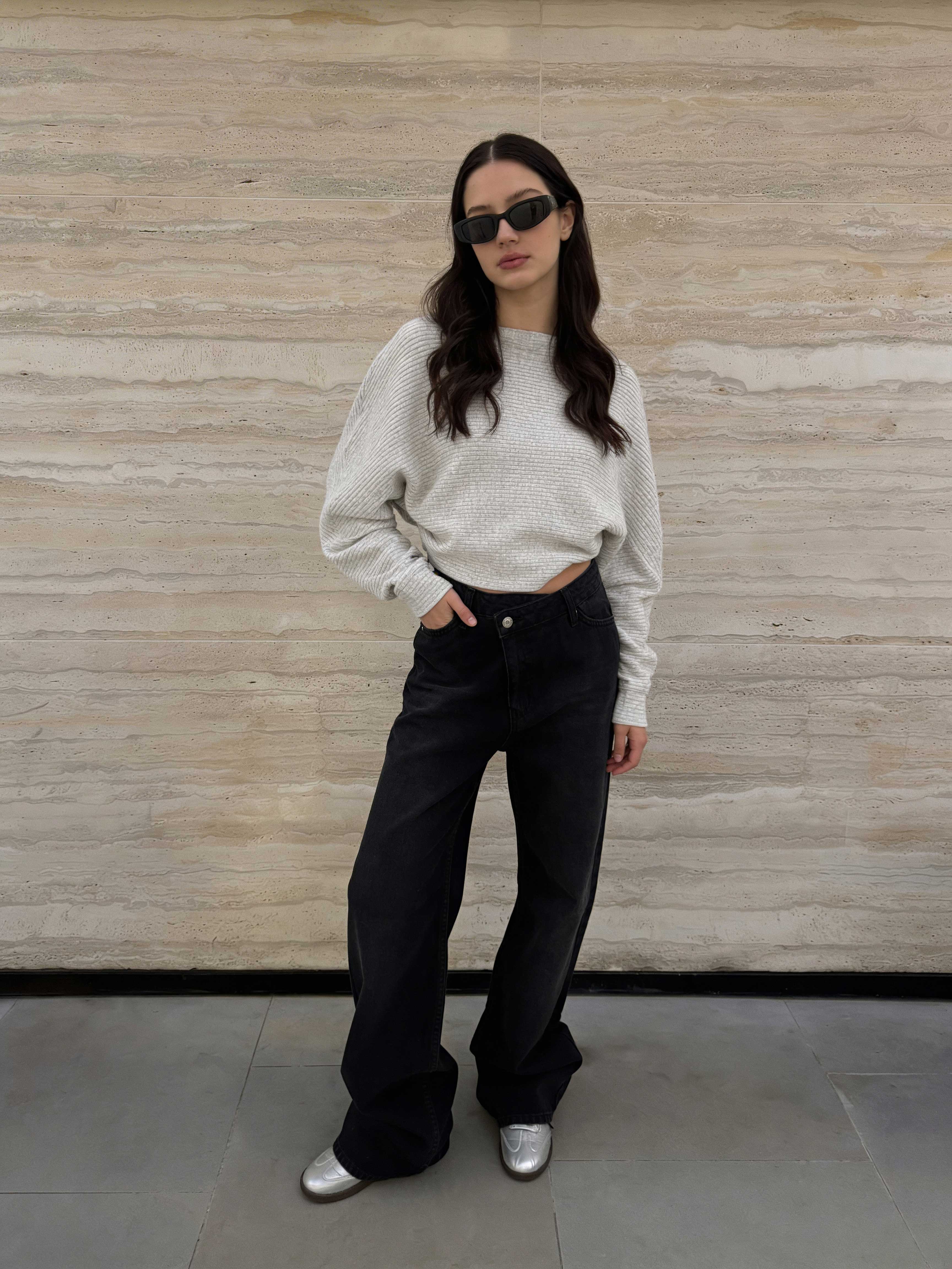 Crossover Wide-Leg – High-Waist Washed Black Jeans Wide Leg CIZARO - Cizaro Jeans