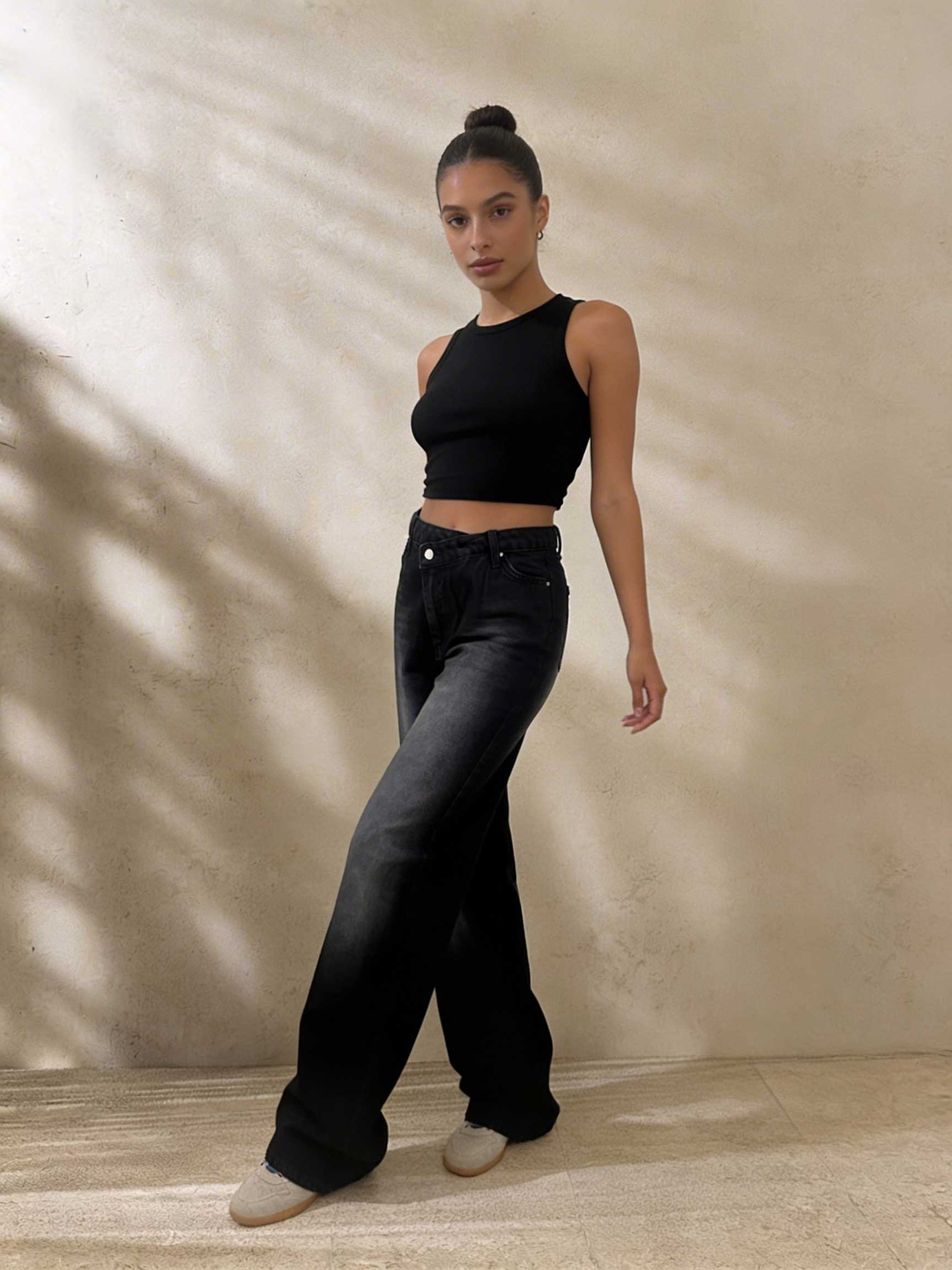 Crossover Wide-Leg – High-Waist Faded Washed Black Jeans Wide Leg CIZARO - Cizaro Jeans