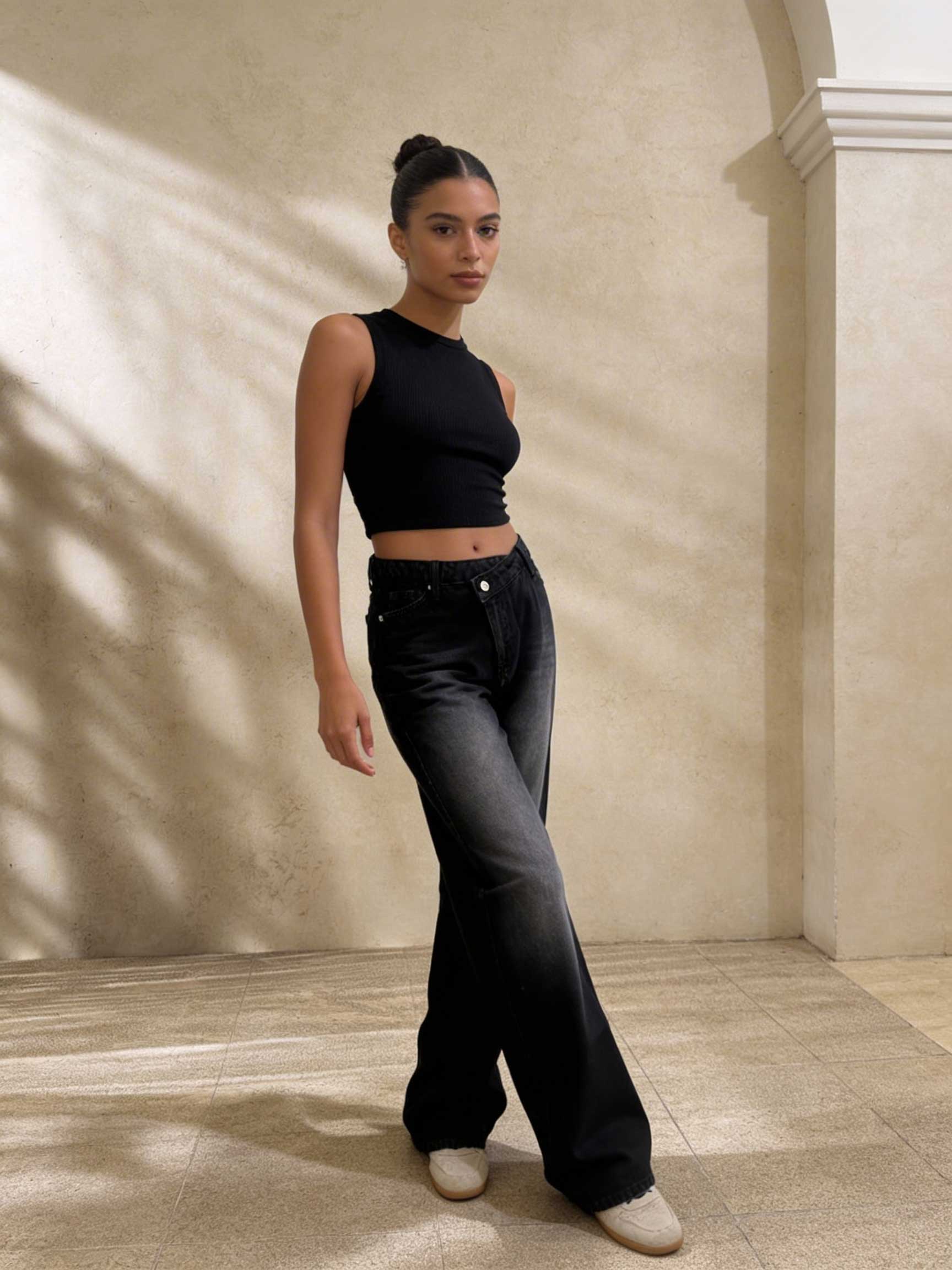 Crossover Wide-Leg – High-Waist Faded Washed Black Jeans Wide Leg CIZARO - Cizaro Jeans
