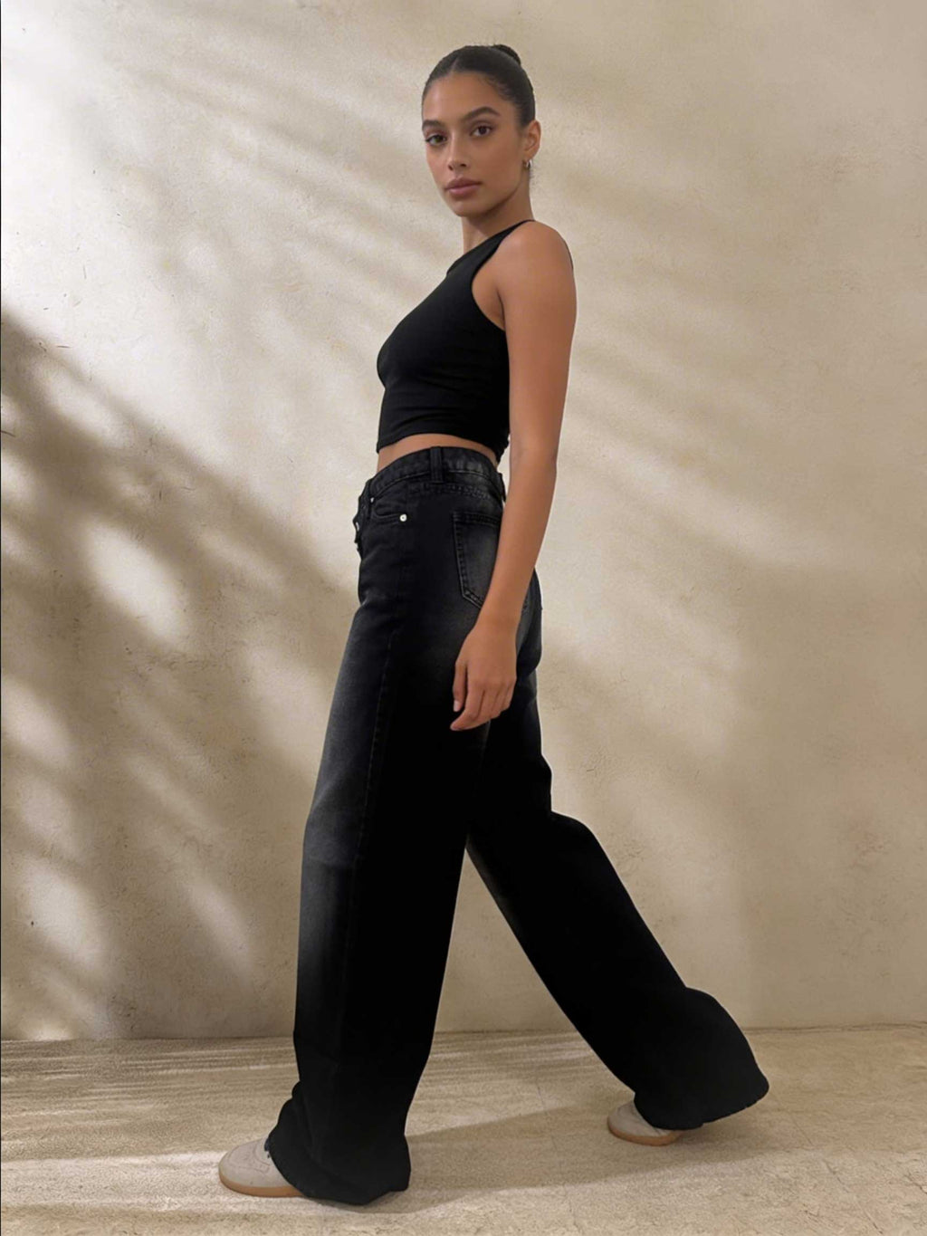 Crossover Wide-Leg – High-Waist Faded Washed Black Jeans Wide Leg CIZARO - Cizaro Jeans