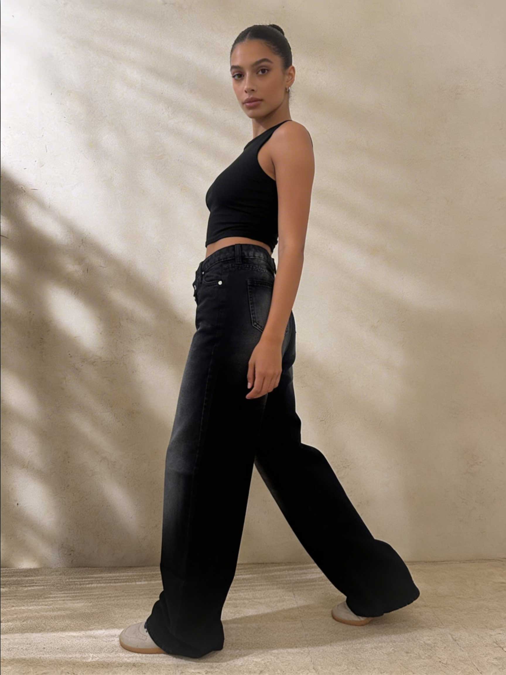 Crossover Wide-Leg – High-Waist Faded Washed Black Jeans Wide Leg CIZARO - Cizaro Jeans