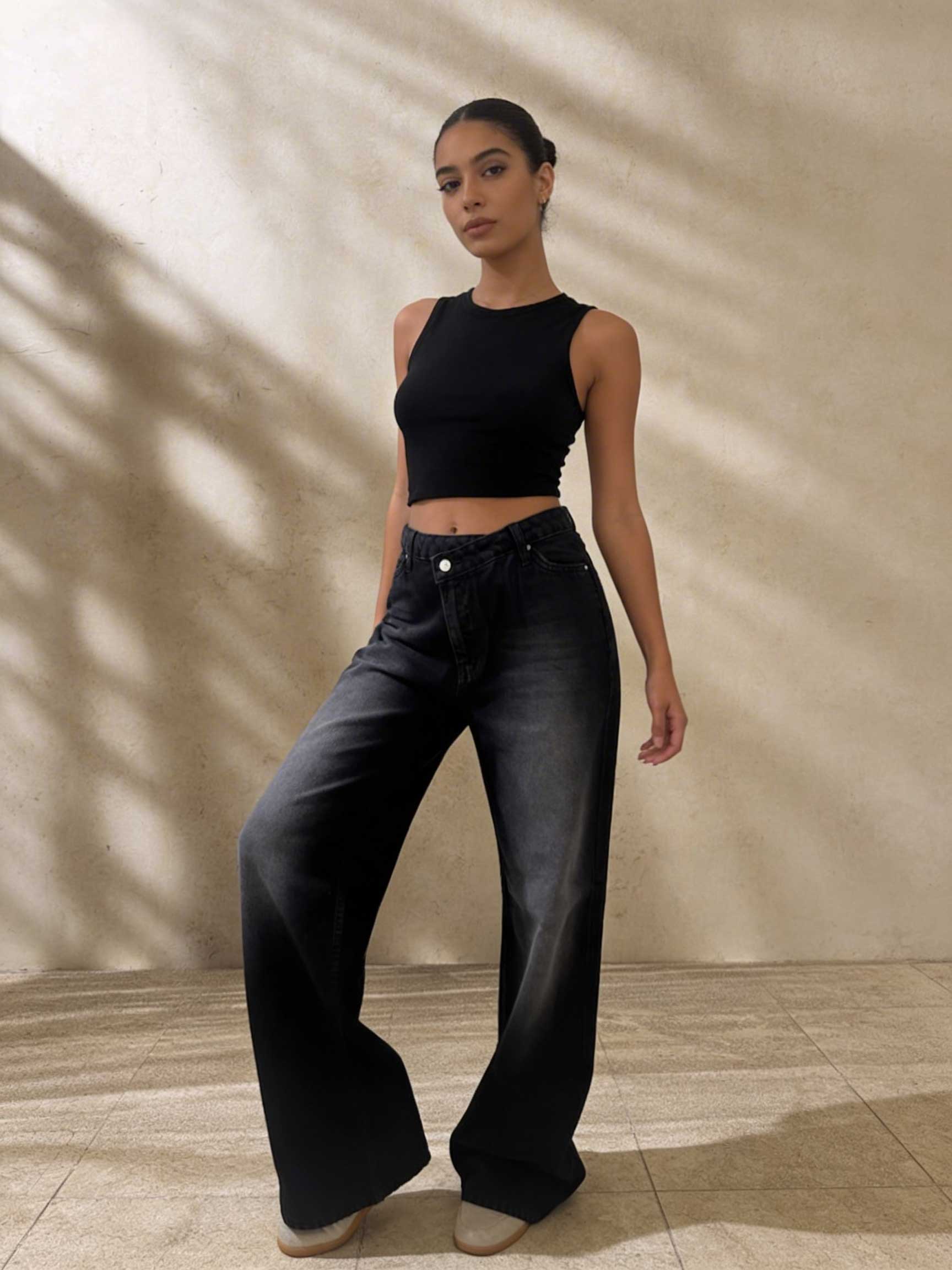 Crossover Wide-Leg – High-Waist Faded Washed Black Jeans Wide Leg CIZARO - Cizaro Jeans