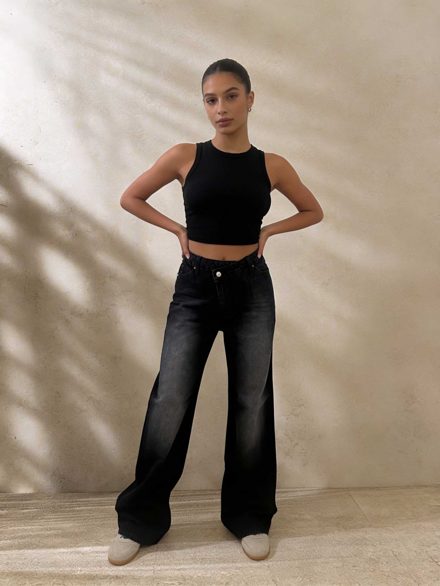 Crossover Wide-Leg – High-Waist Faded Washed Black Jeans Wide Leg CIZARO - Cizaro Jeans